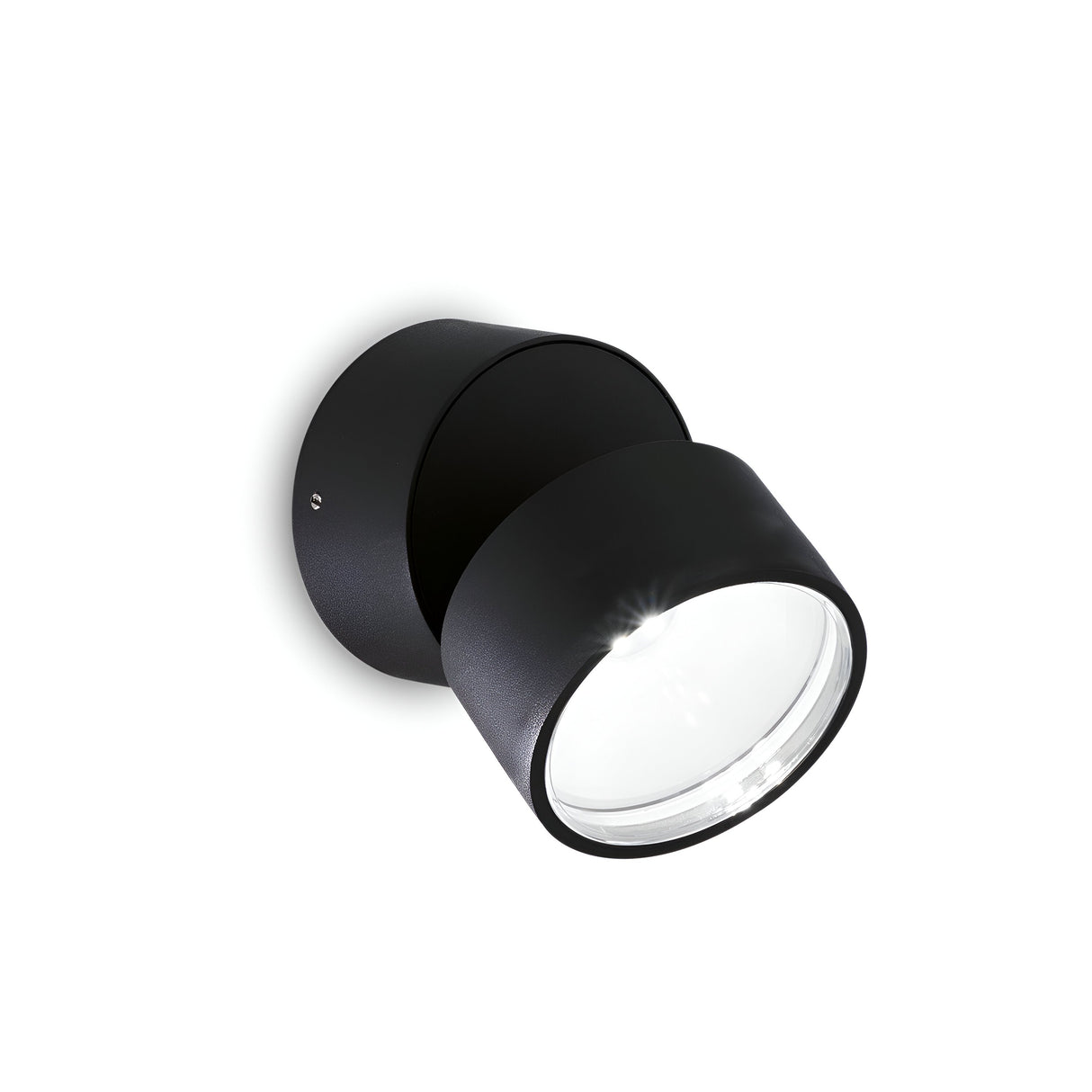 The Arcane Round Outdoor LED Single Spotlight 7W 3000K in black features a modern cylindrical design mounted on a circular base. This energy-efficient LED directs light downward with a transparent cover for clear illumination, making it perfect for garden accent lighting against the white background to highlight the fixture's sleek appearance.