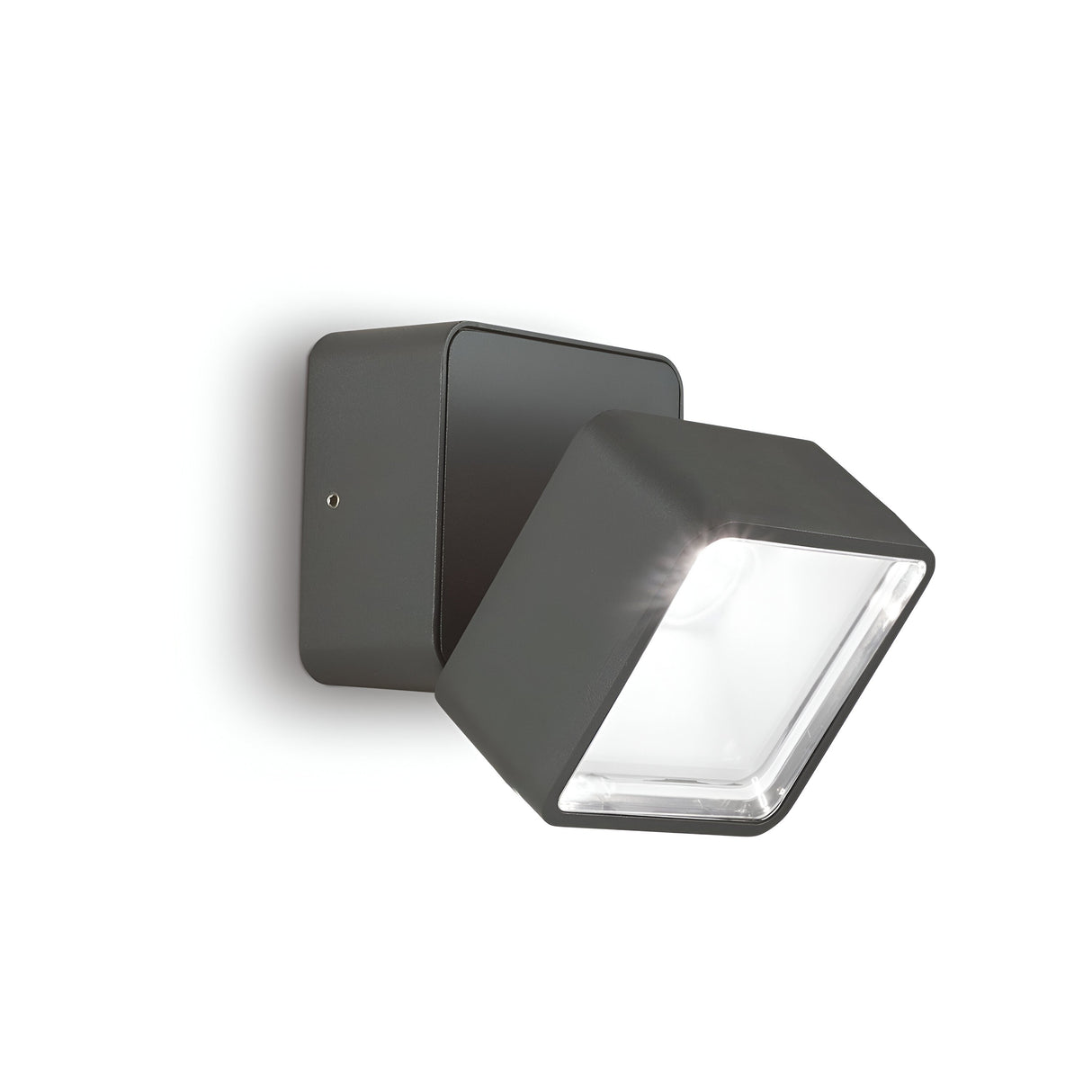 The Arcane Square Outdoor LED Single Spotlight 7W 4000K in grey features a modern square fixture with an adjustable design and a transparent front cover. This sleek, minimalist wall light provides energy-efficient illumination and complements a plain white wall beautifully.