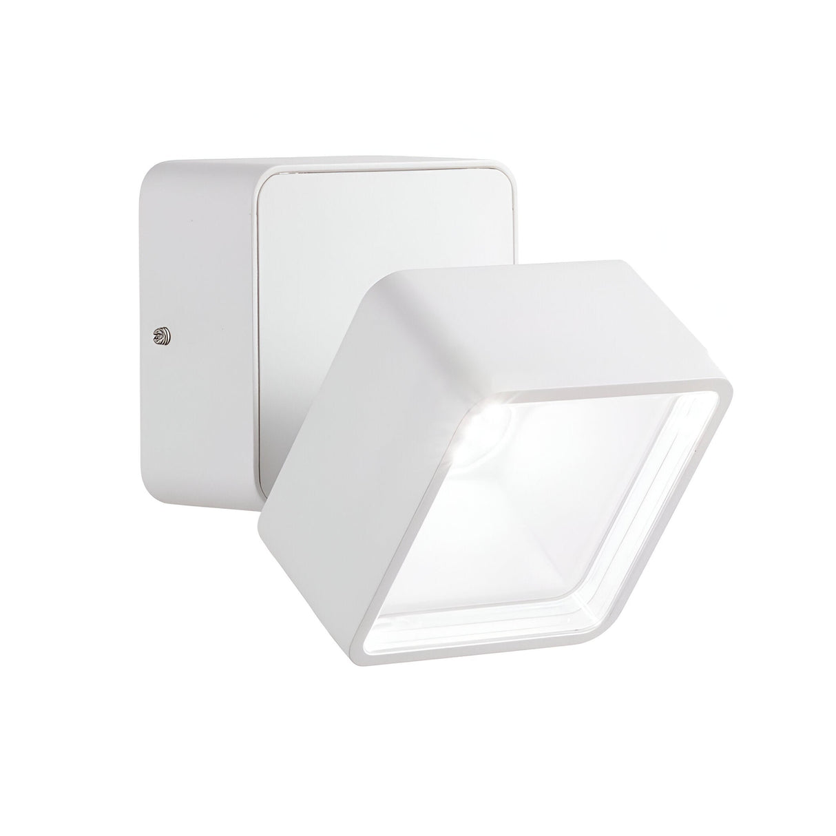 The Arcane Square Outdoor LED Single Spotlight 7W 4000K in White is a contemporary wall light fixture featuring a square design, crafted from powder-coated aluminium. Its sleek, angular shape is slightly angled downward on a square mount, providing an energy-efficient lighting solution with a modern and minimalist aesthetic.