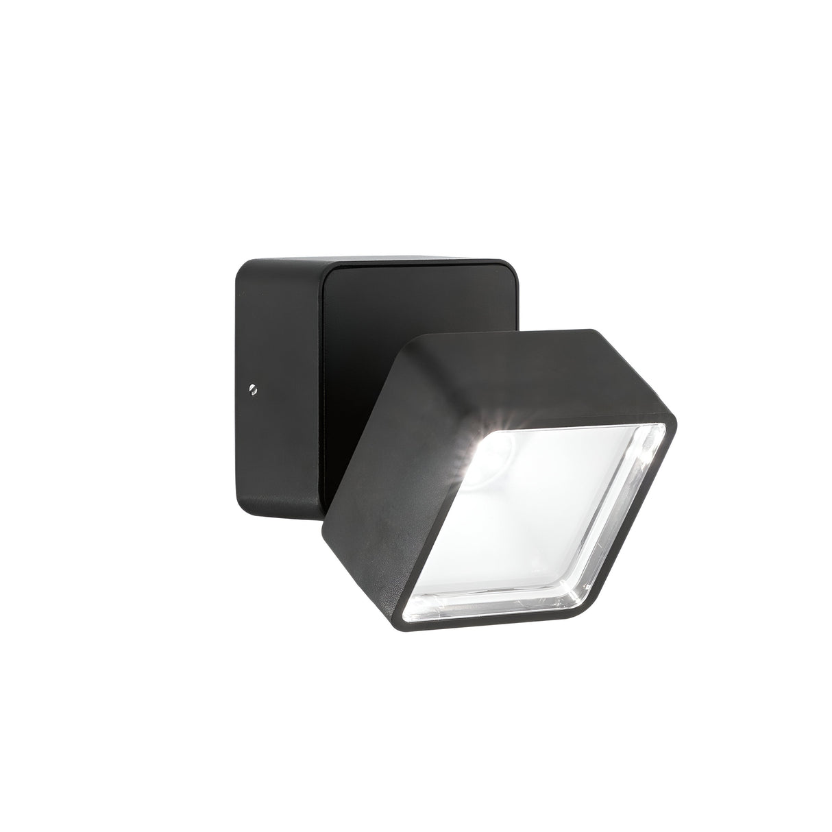 Introducing the Arcane Square Outdoor LED Single Spotlight 7W 4000K in Black—a sleek and modern wall-mounted light fixture with an angular, geometric design. Ideal for garden lighting, it illuminates your space with a bright glow from its hexagonal front.