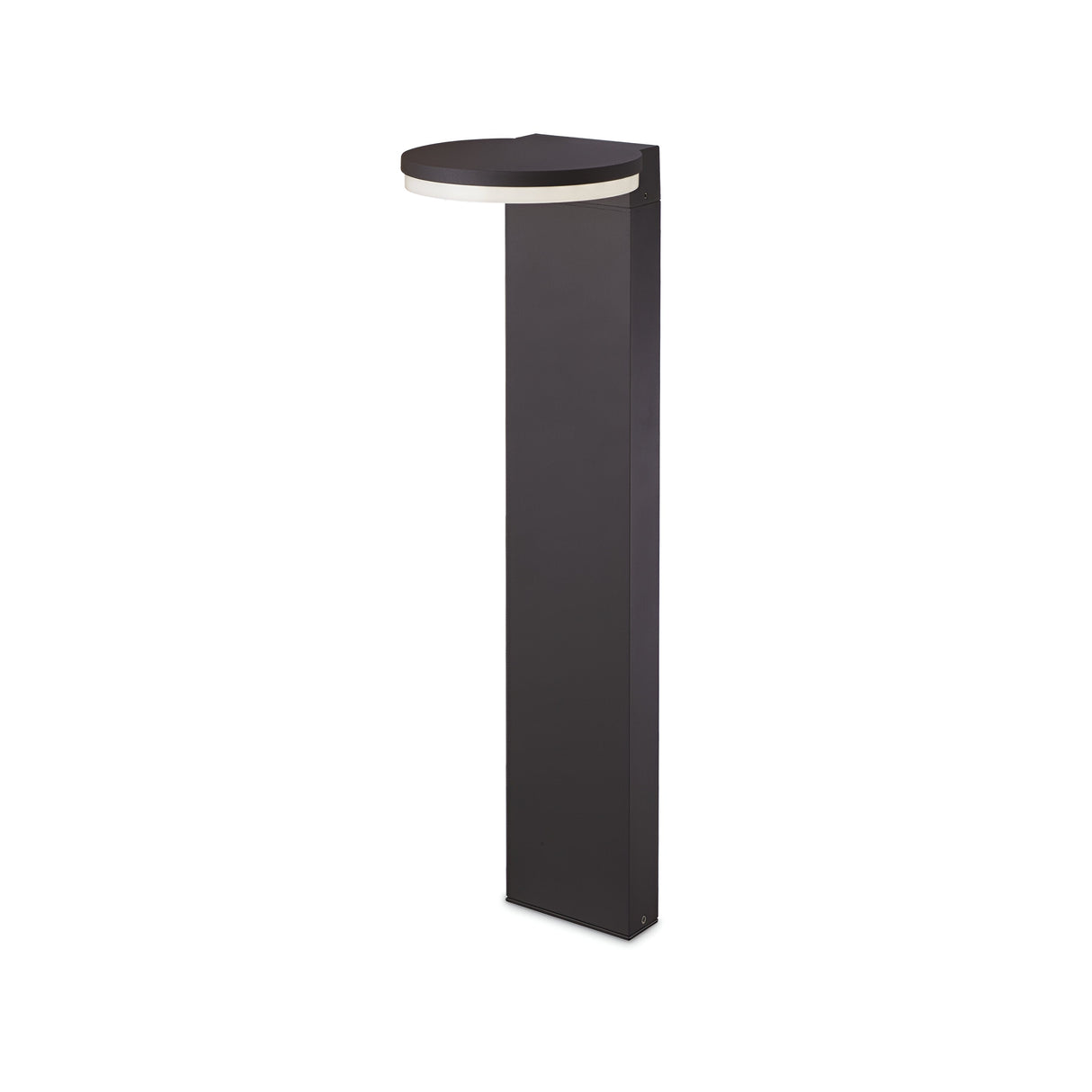 Introducing the Arcetra Round Outdoor LED Bollard Light in Grey, 3000K, featuring a sleek rectangular pole topped with a circular LED fixture. With its minimalist design and IP65 rating for durability, this modern outdoor light offers contemporary and energy-efficient lighting that's perfect for illuminating any garden or pathway setting.