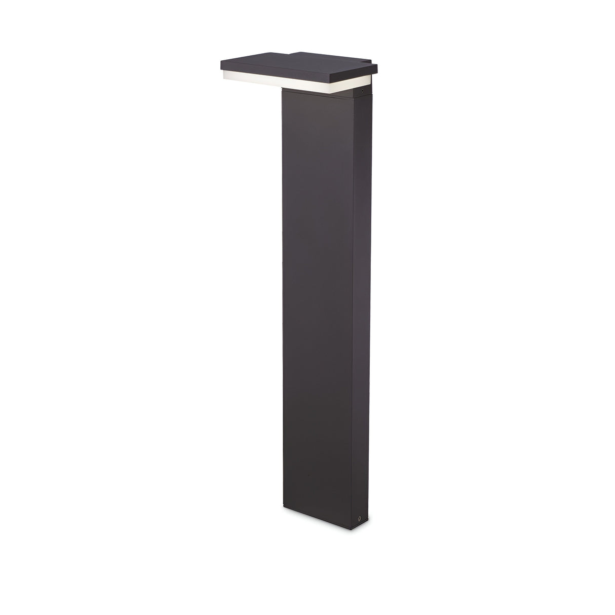 Introducing the Arcetra Square Outdoor LED Bollard Light in Grey, boasting a sleek, minimalist design with energy-efficient LED lighting. This tall, rectangular structure features a flat, horizontal light fixture on top that emits a soft warm glow at 3000K—perfect for enhancing contemporary landscapes or pathways.