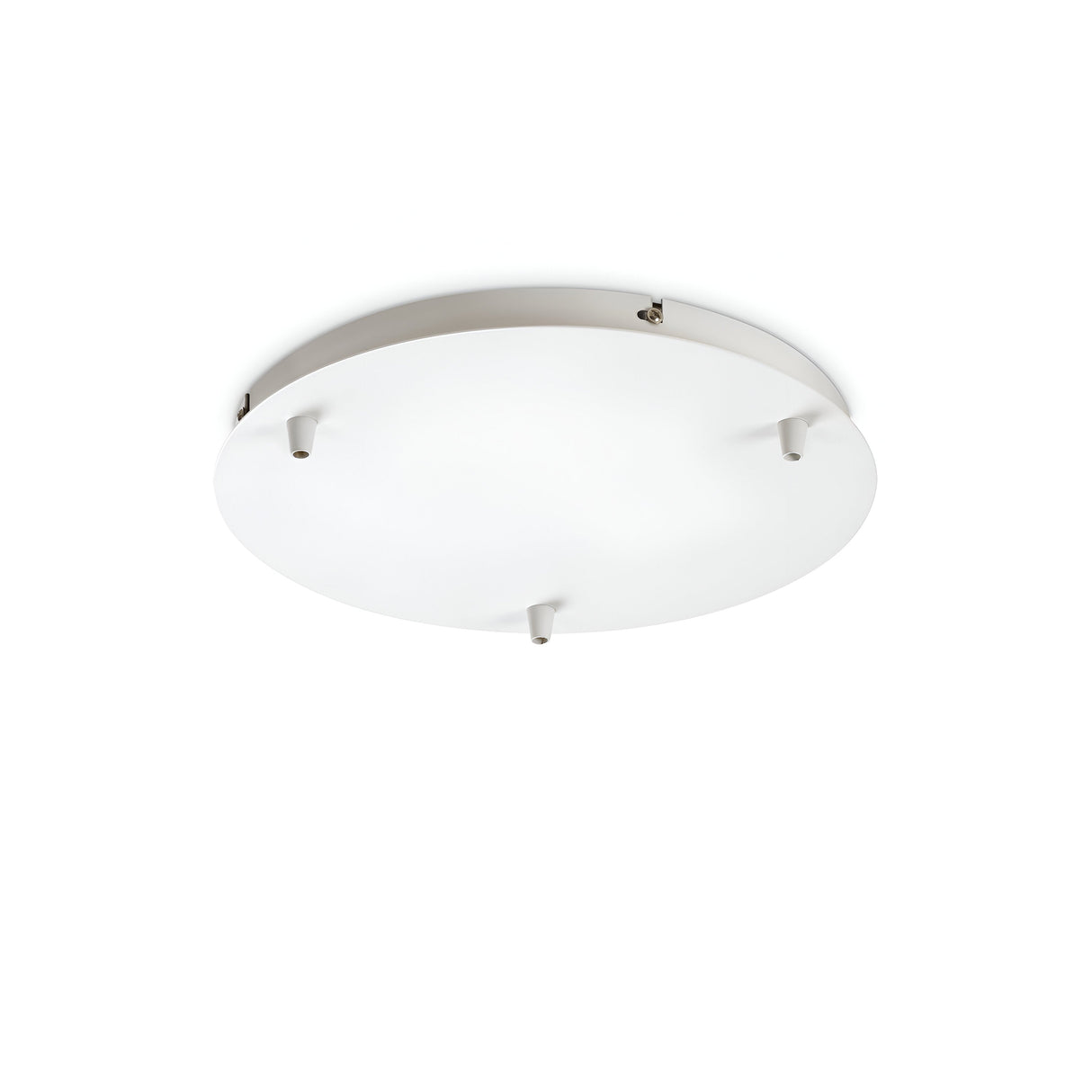 The Glacia 3 Light Standard Canopy in white features a round, modern flush mount design with a frosted white glass shade and metallic accents. Its sleek finish is secured by four small fasteners, making it an ideal choice for contemporary interiors due to its simple and elegant style.