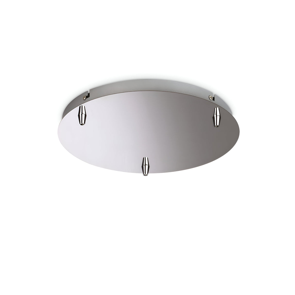 The Glacia 3 Light Standard Canopy - Silver is a circular ceiling fixture featuring a sleek and minimalist design with a silver finish. Its smooth metallic casing is elegantly secured with three small bolts, enhancing its modern aesthetic against a plain white background.
