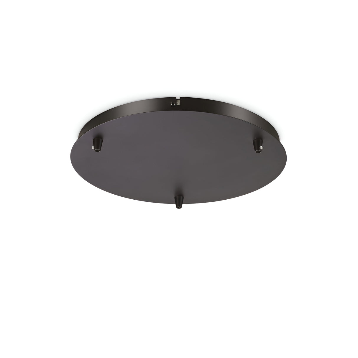 The Glacia 3 Light Standard Canopy in black features a matte finish with a round ceiling mount plate and four protruding screw holders, ideal for attaching light fixtures or fans. Its minimalist design is both sturdy and functional, making it perfect for contemporary interiors, especially against a plain white background.