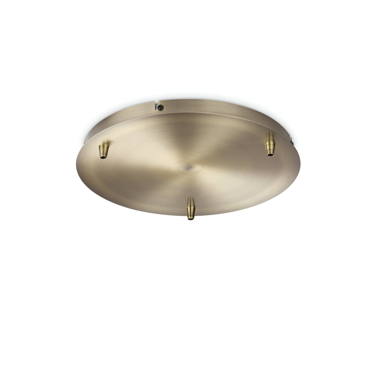 The Glacia 3 Light Standard Canopy - Brass features a round, brushed metal ceiling fixture with a brass finish. Its pendant light design includes four small, screw-like protrusions evenly spaced around its edge and a central mount, creating an elegant ambiance.