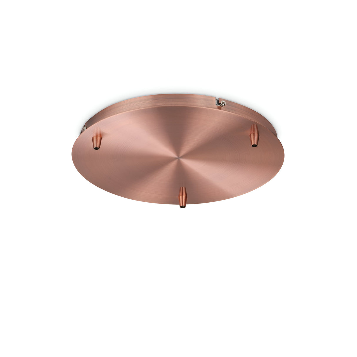 The Glacia 3 Light Standard Canopy in a brushed copper finish features a round ceiling design with four evenly spaced small protruding rods, making it an ideal addition to industrial interiors against a clean white background.