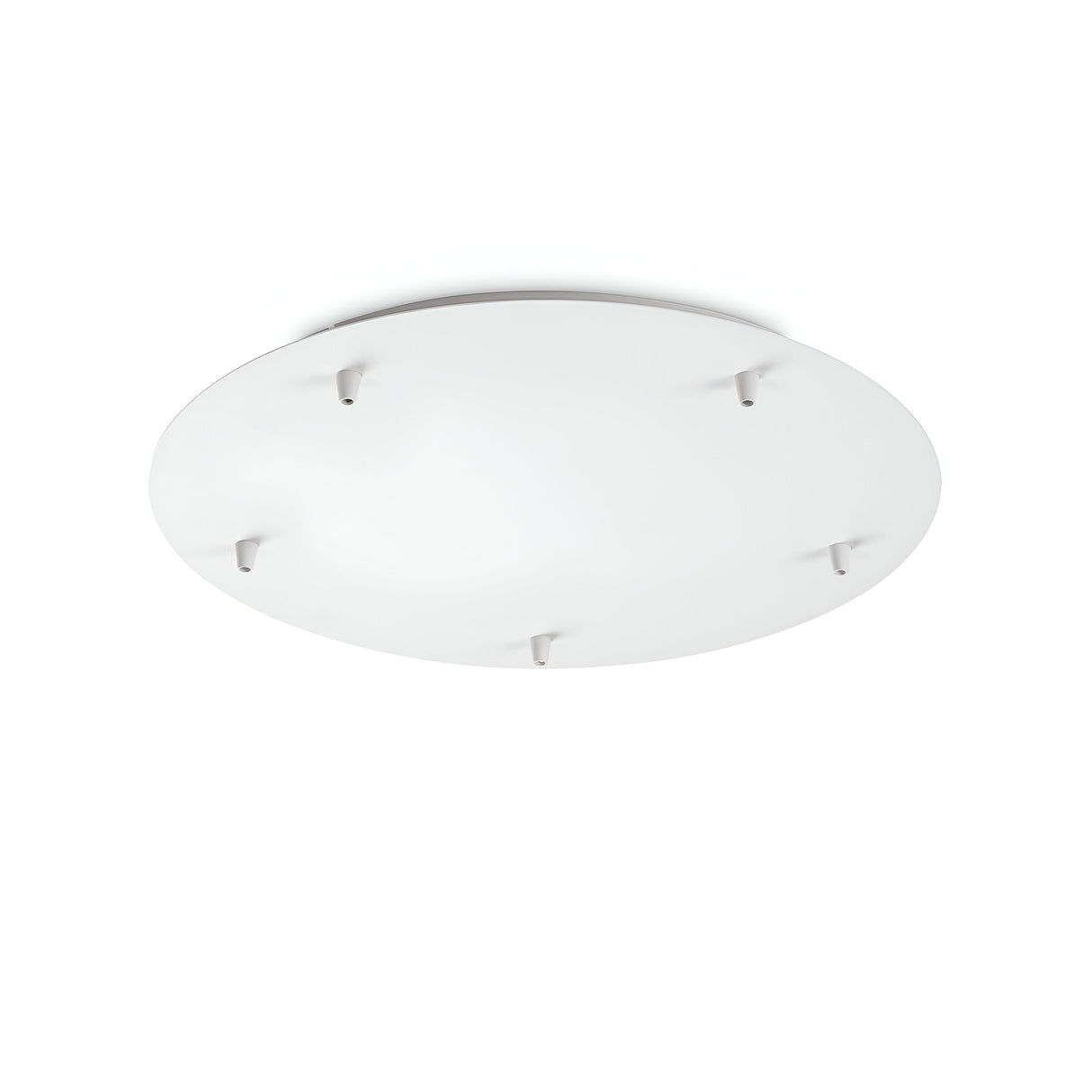 The Glacia 5 Light Standard Canopy in white embodies a modern aesthetic with its round, smooth, and minimalist design. It features five small mounting brackets evenly spaced around the edges and is set against a plain white background.