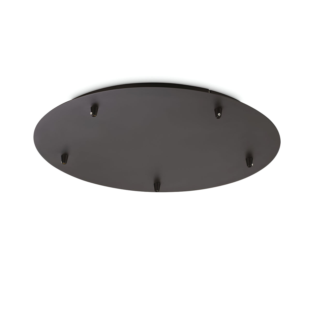 The Glacia 5 Light Standard Canopy - Black features a sleek, large, flat oval shape with six small surface protrusions. Crafted from metal with a matte black finish, it elegantly stands out against a white background, embodying modern lighting design.