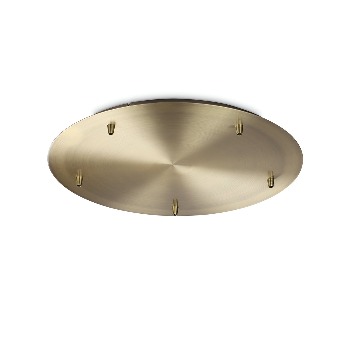 The Glacia 5 Light Standard Canopy - Brass is a round fixture with a brushed brass surface showcasing a smooth, metallic finish. Ideal for pendant lights, it includes evenly spaced small fittings around the edge designed for attaching fixtures, all set against a white background.