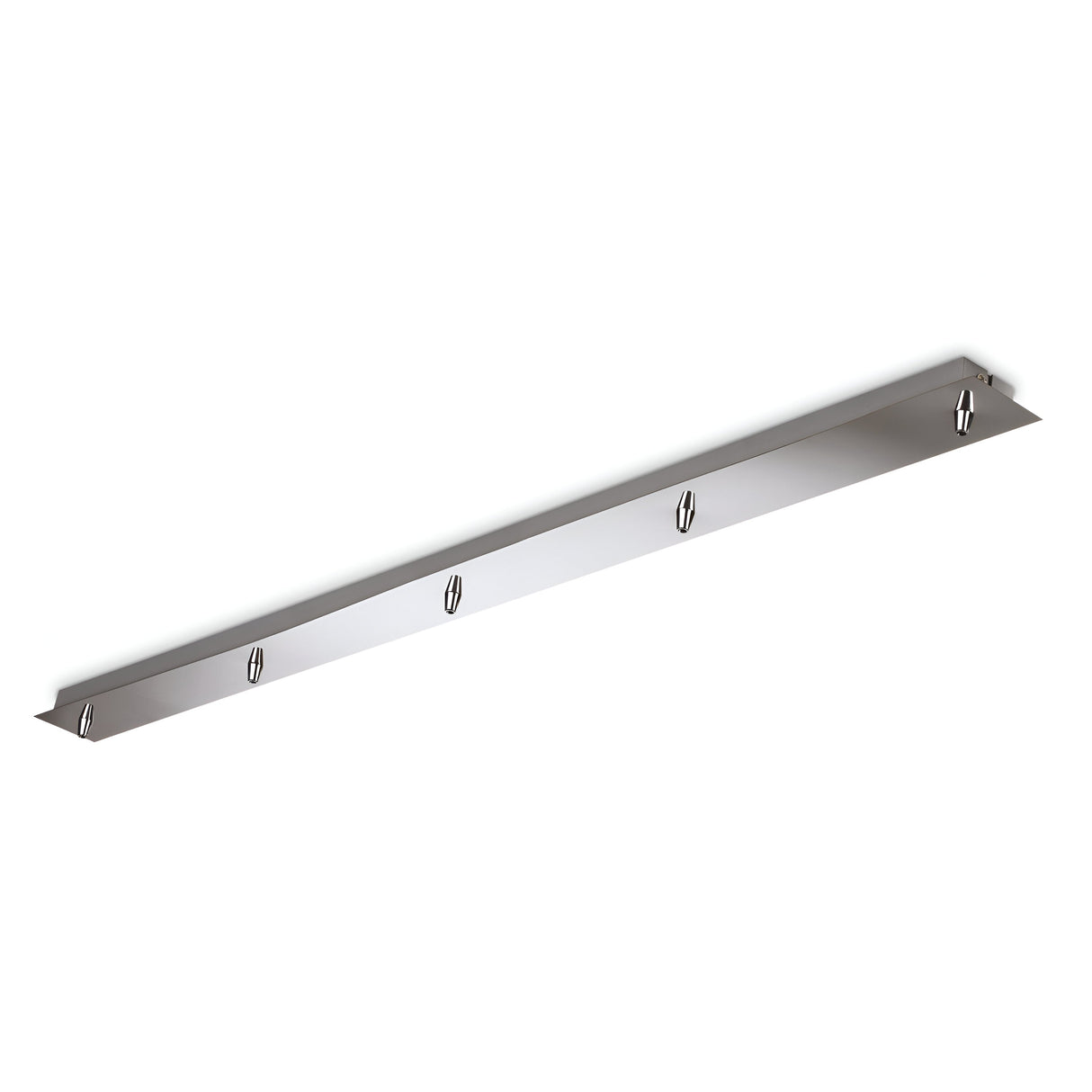 Introducing the Glacia Base Canopy 5 Light Rectangle in Silver, featuring a long, sleek metal strip with multiple evenly spaced hooks designed for wall mounting. Its minimalist design is ideal for hanging items like coats or towels, while the polished silver finish adds a reflective touch that enhances any modern lighting scheme.