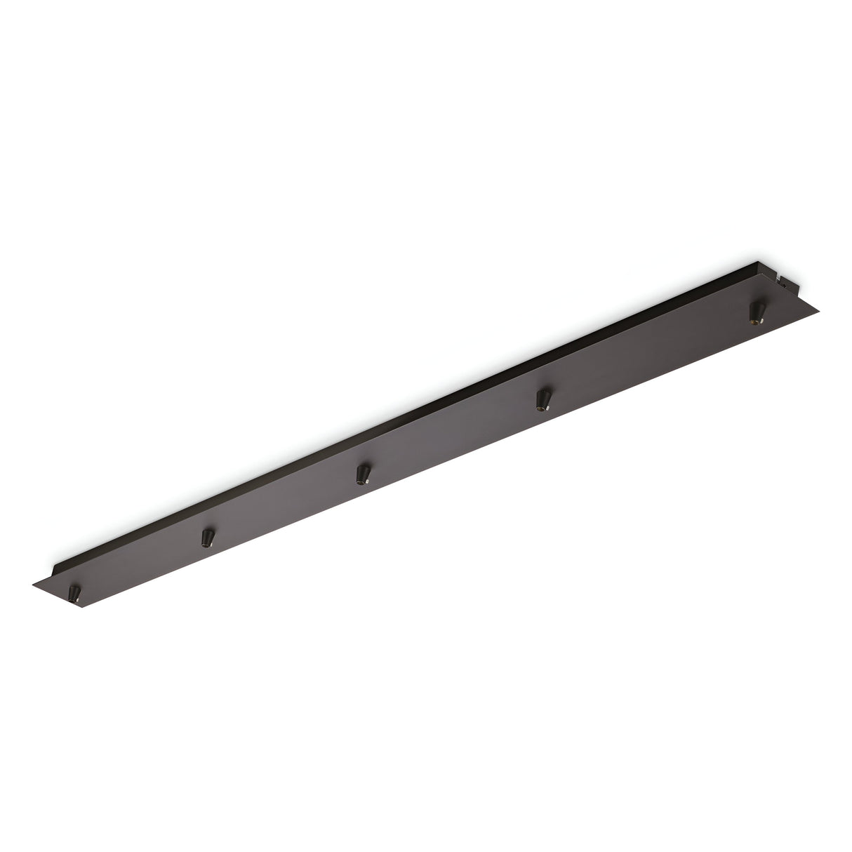 The Glacia Base Canopy 5 Light Rectangle - Black is a long, rectangular metal bracket featuring multiple hooks designed for ceiling mounting. Its dark finish and evenly spaced attachment points add a touch of contemporary elegance, making it an ideal choice for modern lighting fixtures or other suspended items.
