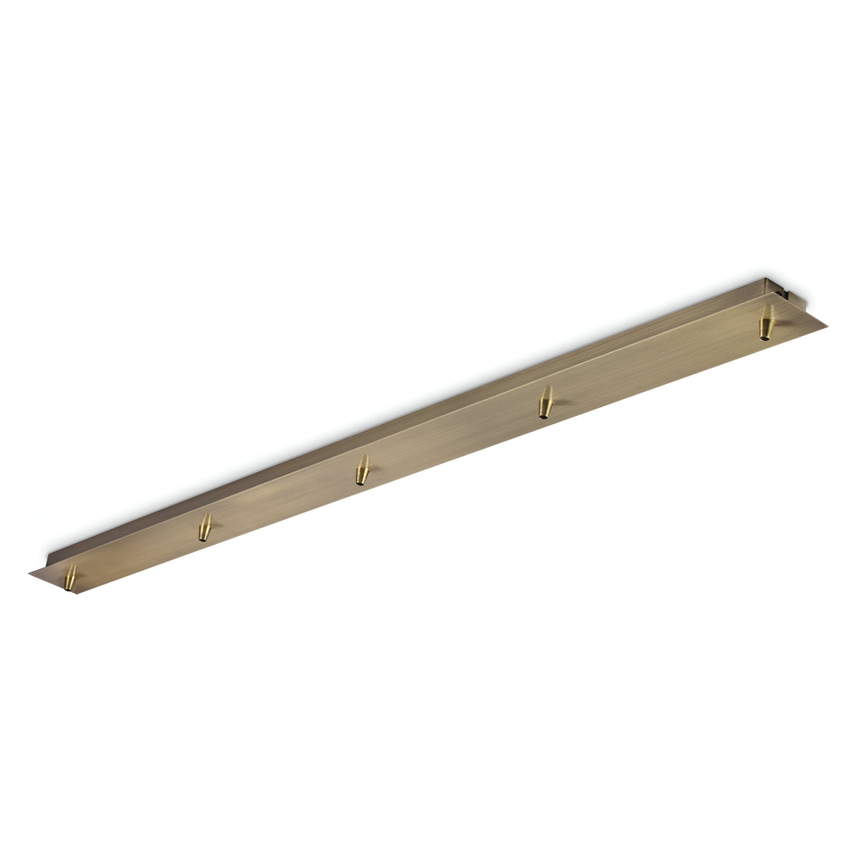 The Glacia Base Canopy 5 Light Rectangle in brass offers a sleek, modern design with five evenly spaced elements. Its brushed metal finish pairs beautifully with pendant lights for an elegant and contemporary aesthetic.