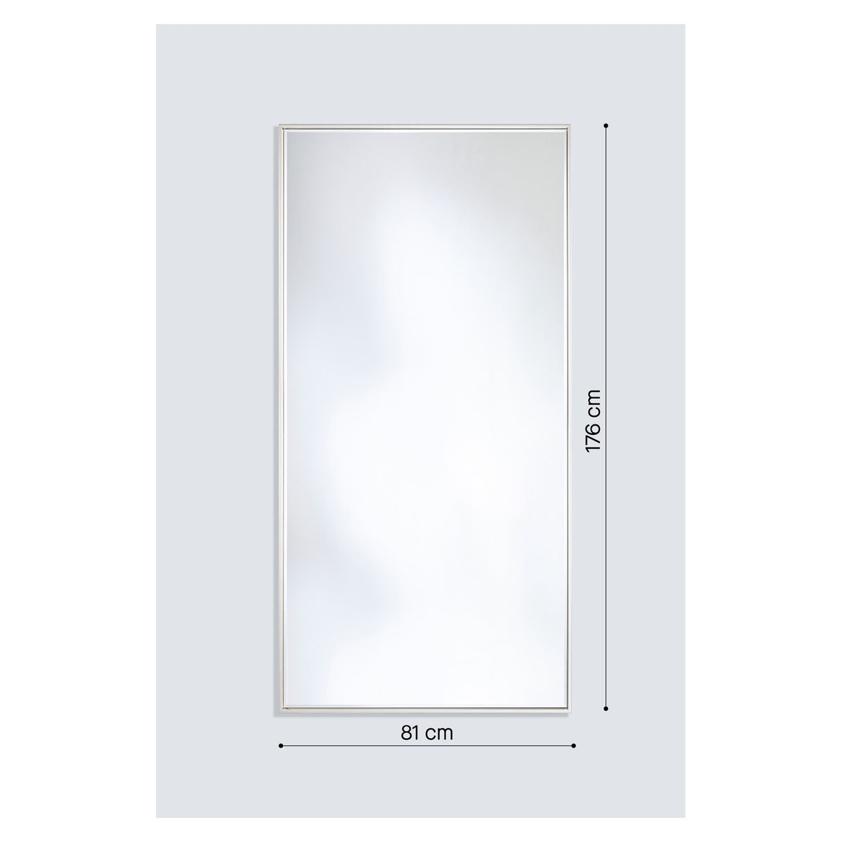 Soho Silver full length rectangular wall mirror with a slim flat silver frame, shown on a plain light grey background with dimensions 81cm by 176cm marked.