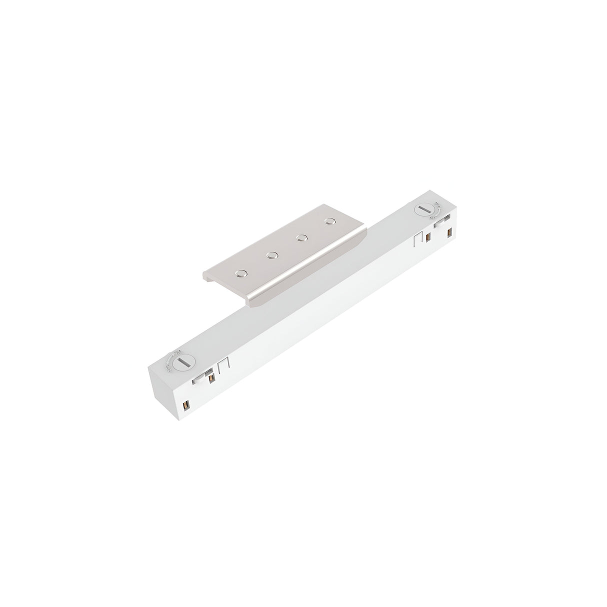 The Luxeon Surface Linear Track Connector in white is a rectangular, metallic slide rail featuring a central mounting plate and adjustable holes at both ends. Its sleek, modern design makes it perfect for drawer or cabinet installation and is also suitable for creating custom lighting layouts.