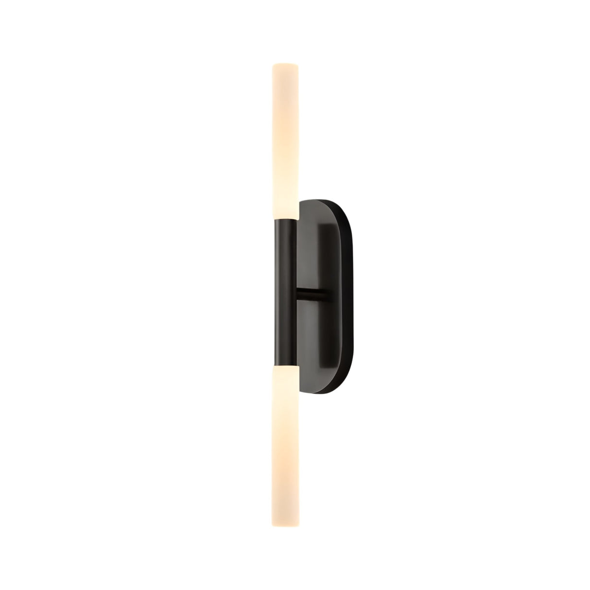 The Aurelian LED Double Column Alabaster Wall Light in matte black and soft white features two cylindrical lights at each end, offering a contemporary design perfect for modern interiors.