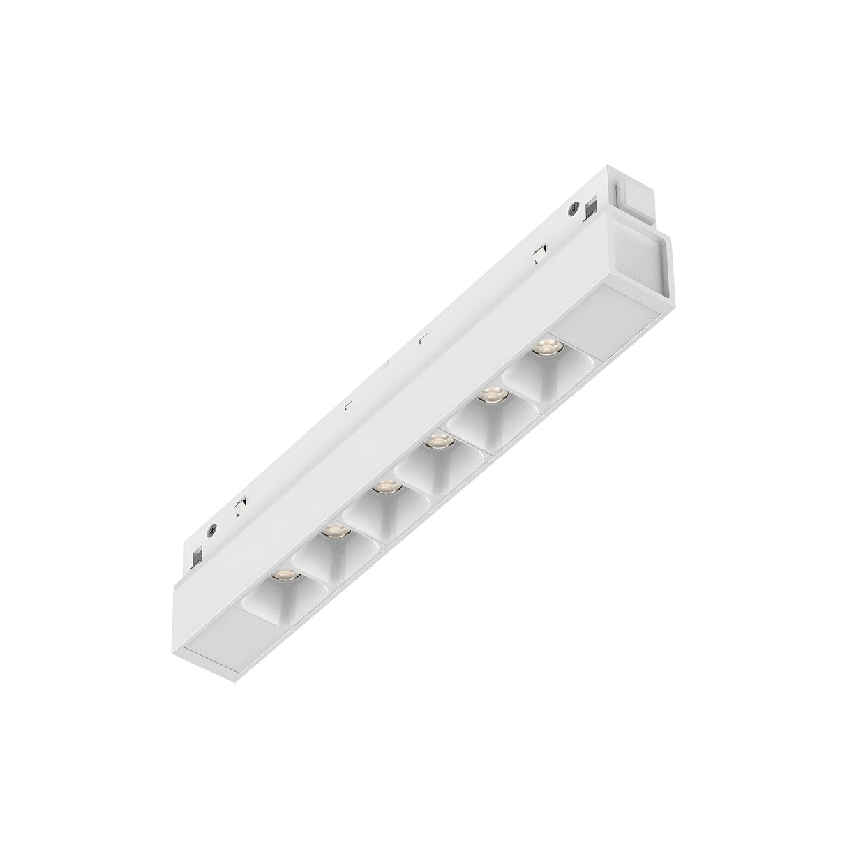 Product Description: The Luxeon Dimmable LED Magnetic Linear Track Light features a sleek, rectangular white design with six evenly spaced bulbs, viewed from below. Its dimmable functionality offers a minimalist appeal, making it perfect for modern interiors.