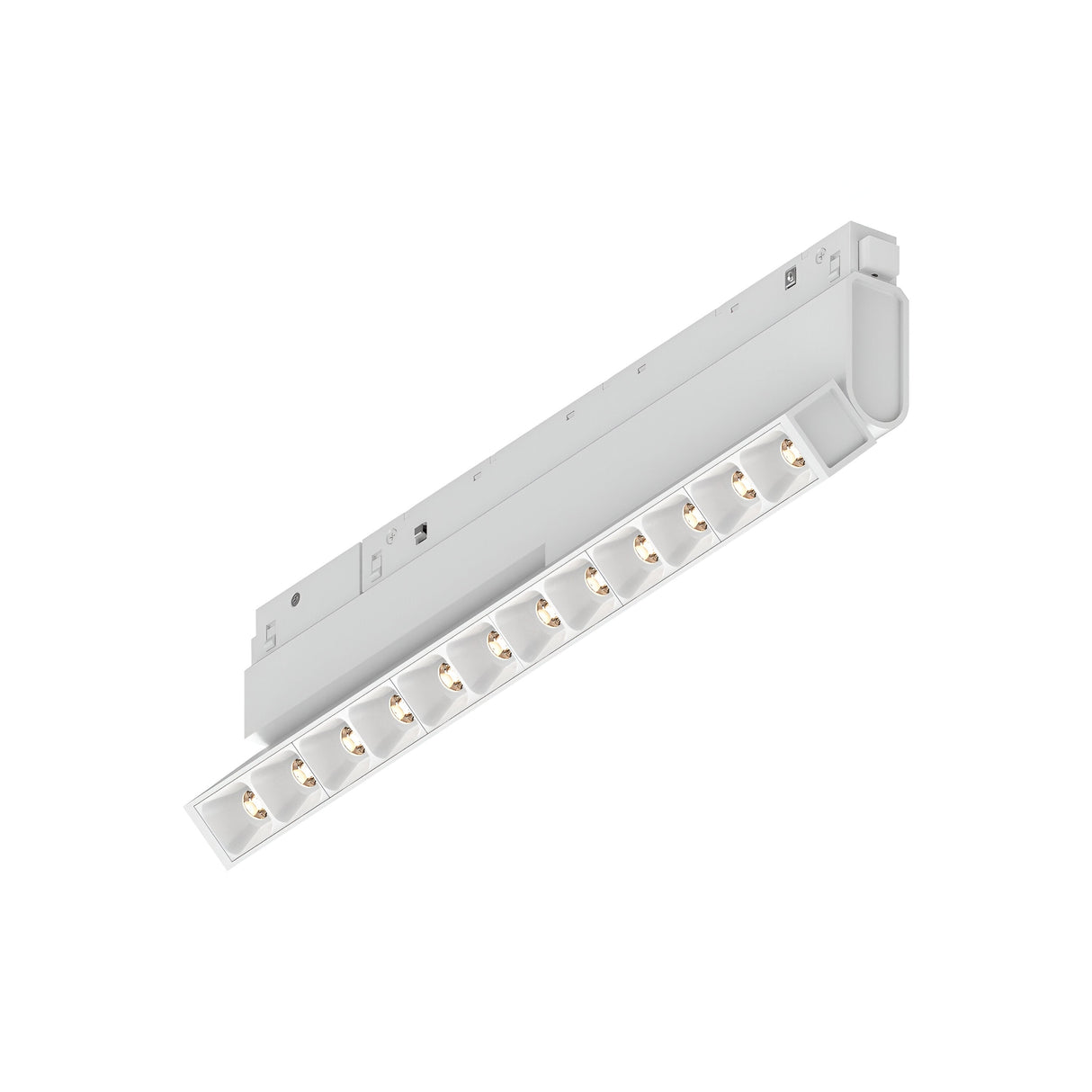 Featured is the Luxeon Dimmable LED Adjustable Linear Track Light, 13W in 3000K white, showcasing a sleek design with multiple small lights aligned in a row. The fixture is positioned at an angle to display its side and bottom views against a plain white background.