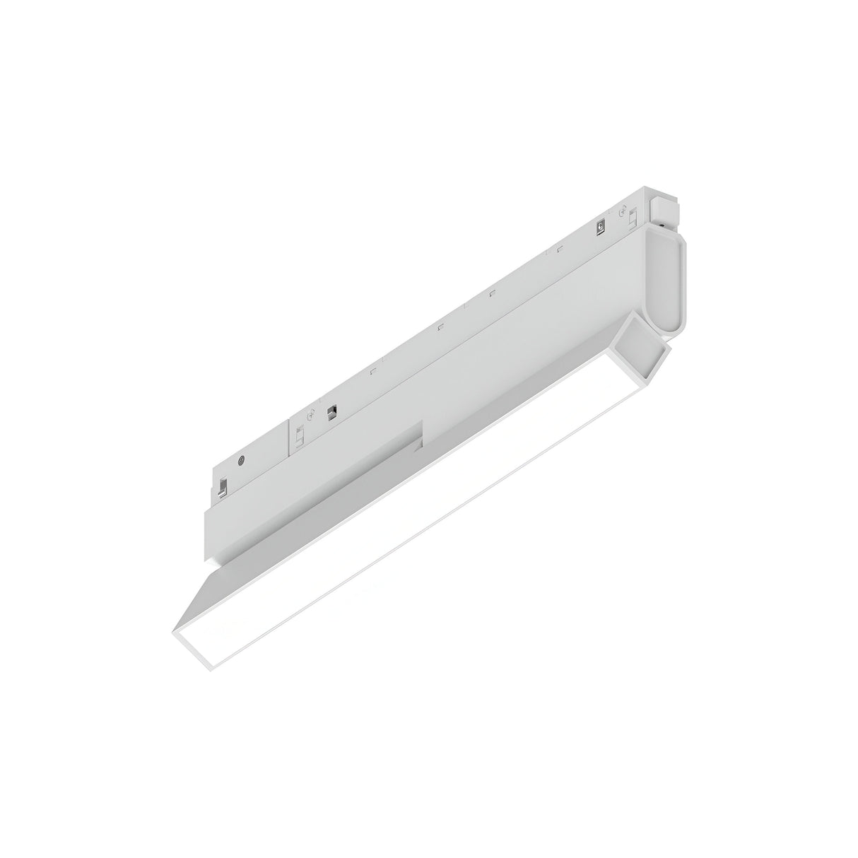 The Luxeon Wide LED Adjustable Linear Track Light 7W 3000K in white provides energy-efficient, uniform lighting with its modern, minimalist design featuring sharp angles and a smooth surface, making it ideal for contemporary interiors.