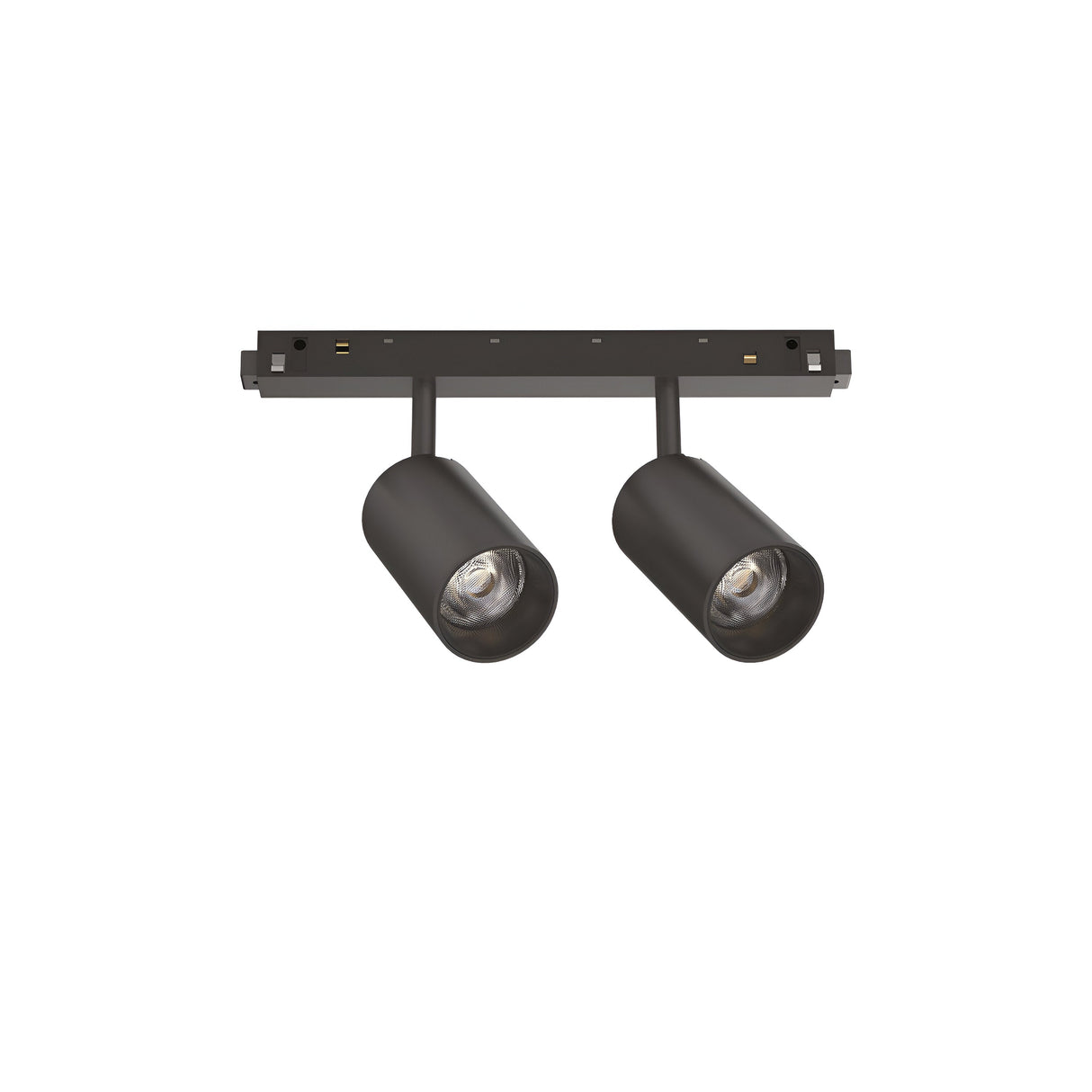 Introducing the Luxeon Dimmable LED Magnetic Twin Track Spotlight, a sleek black fixture featuring energy-efficient lighting with two adjustable cylindrical lamps elegantly mounted on a rectangular base.