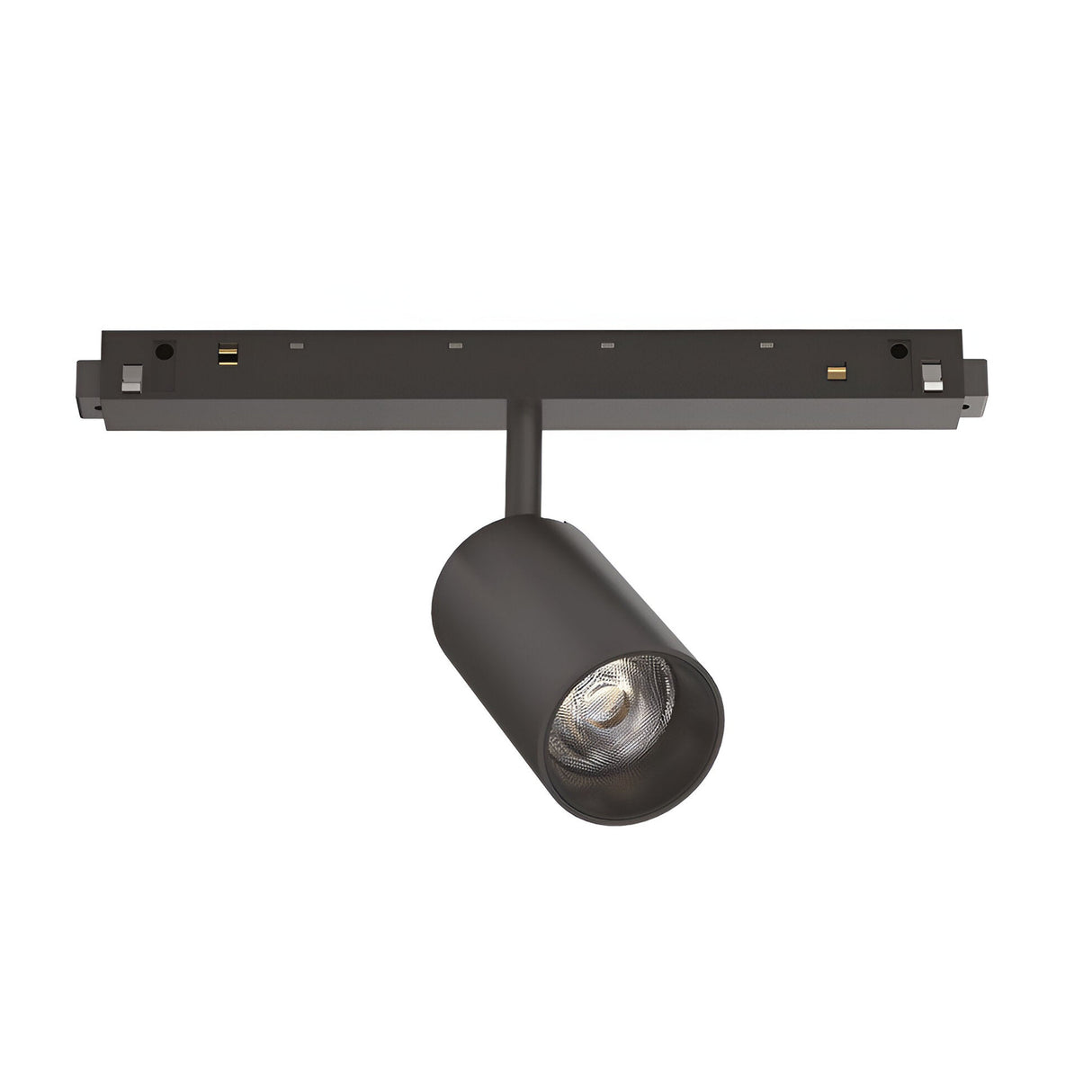 The Luxeon Dimmable LED Magnetic Track Spotlight, featuring an 8W cylindrical head in black, is stylishly attached to a horizontal track. It emits a 4000K light for an inviting ambiance and offers adjustable indoor lighting angled downward.