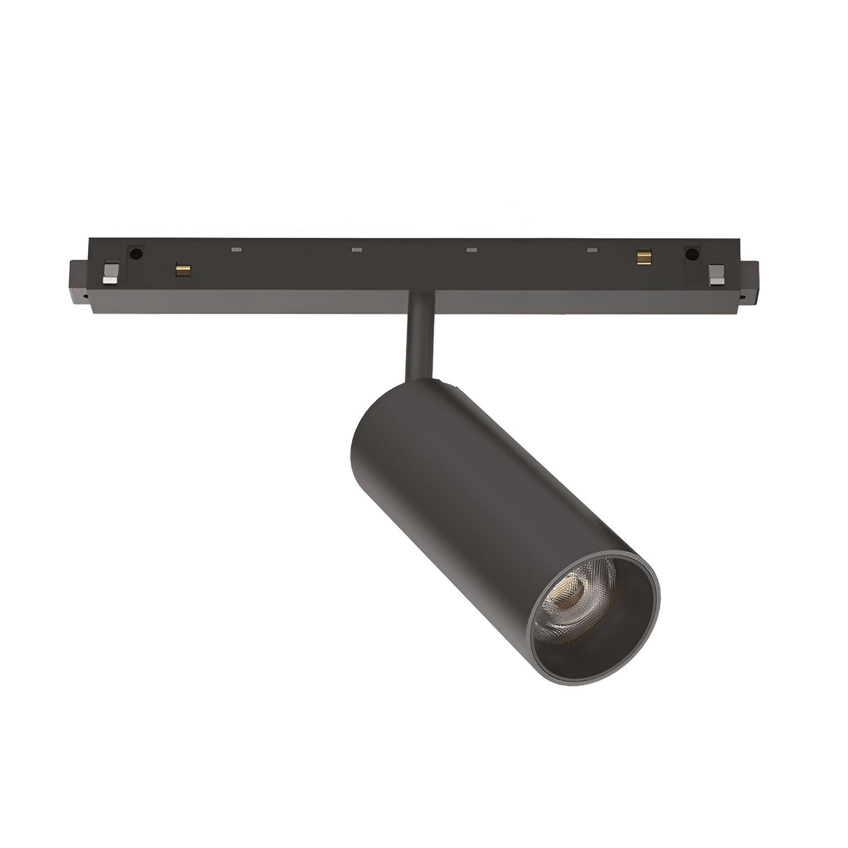 The Luxeon Dimmable LED Magnetic Track Spotlight 12W 3000K in black offers an energy-efficient solution with its cylindrical design attached to a rectangular mounting track. Its sleek, modern style includes a dimmable LED spotlight angled downward, perfect for versatile spotlighting in various settings.
