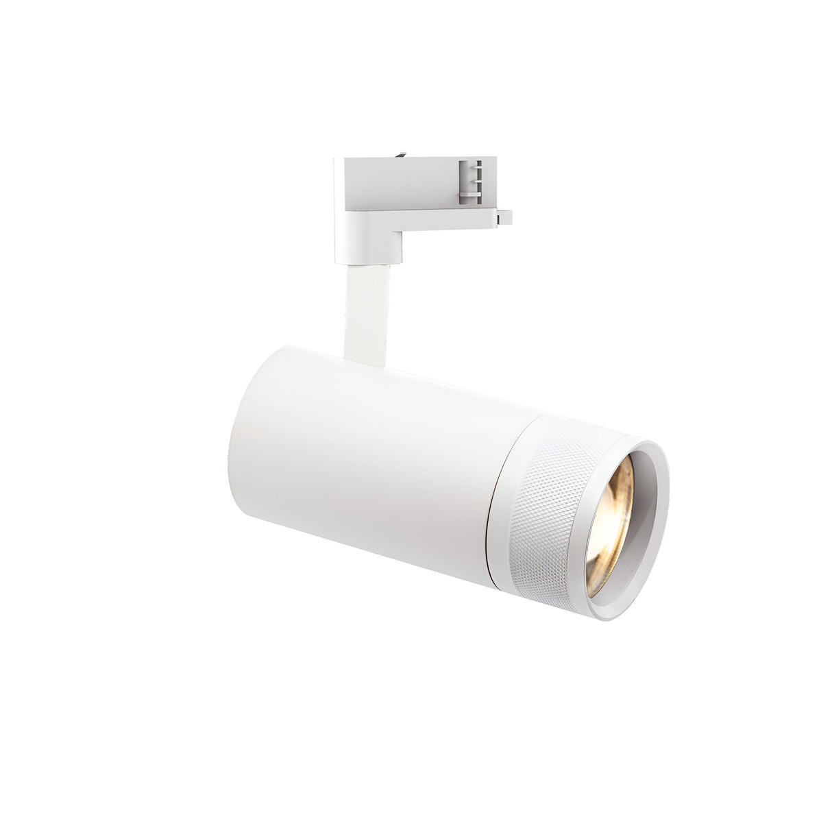 The Solis Three Phase LED Track Spotlight 15W 3000K in White is mounted on a coordinating white track system. This sleek, cylindrical spotlight features an energy-efficient LED bulb and provides versatile illumination with its adjustable beam angle, all showcased against a plain white background.