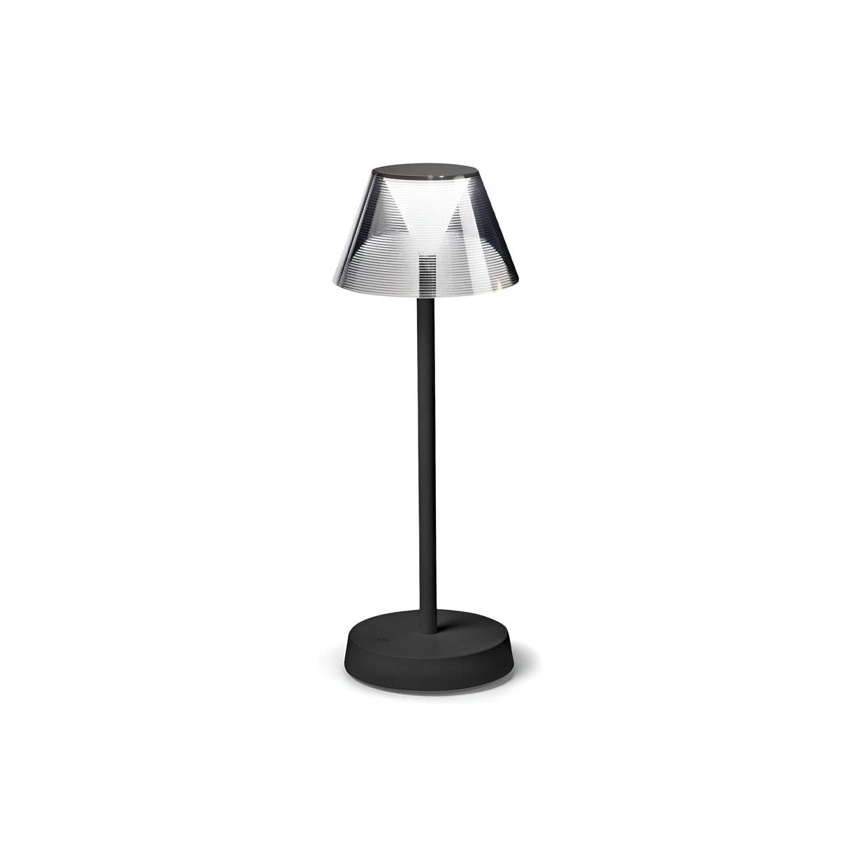Introducing the Solitus LED Outdoor Table Lamp 2.8W 3000K in black—this modern, sleek table lamp features a stylish cone-shaped shade with a striped pattern. It is powered by a rechargeable battery and boasts an IP54 rating, elegantly perched on its round, flat base.
