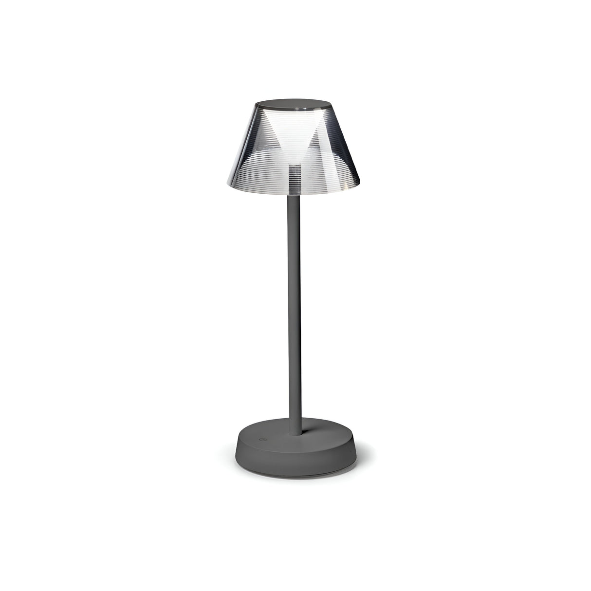 Introducing the Solitus LED Outdoor Table Lamp 2.8W 3000K in Grey—a contemporary, stylish outdoor lighting solution featuring a cylindrical base and a conical shade. This rechargeable lamp sports a transparent, striped pattern on the shade that softly diffuses light. With an IP54 rating, it's ideal for any plain white backdrop.