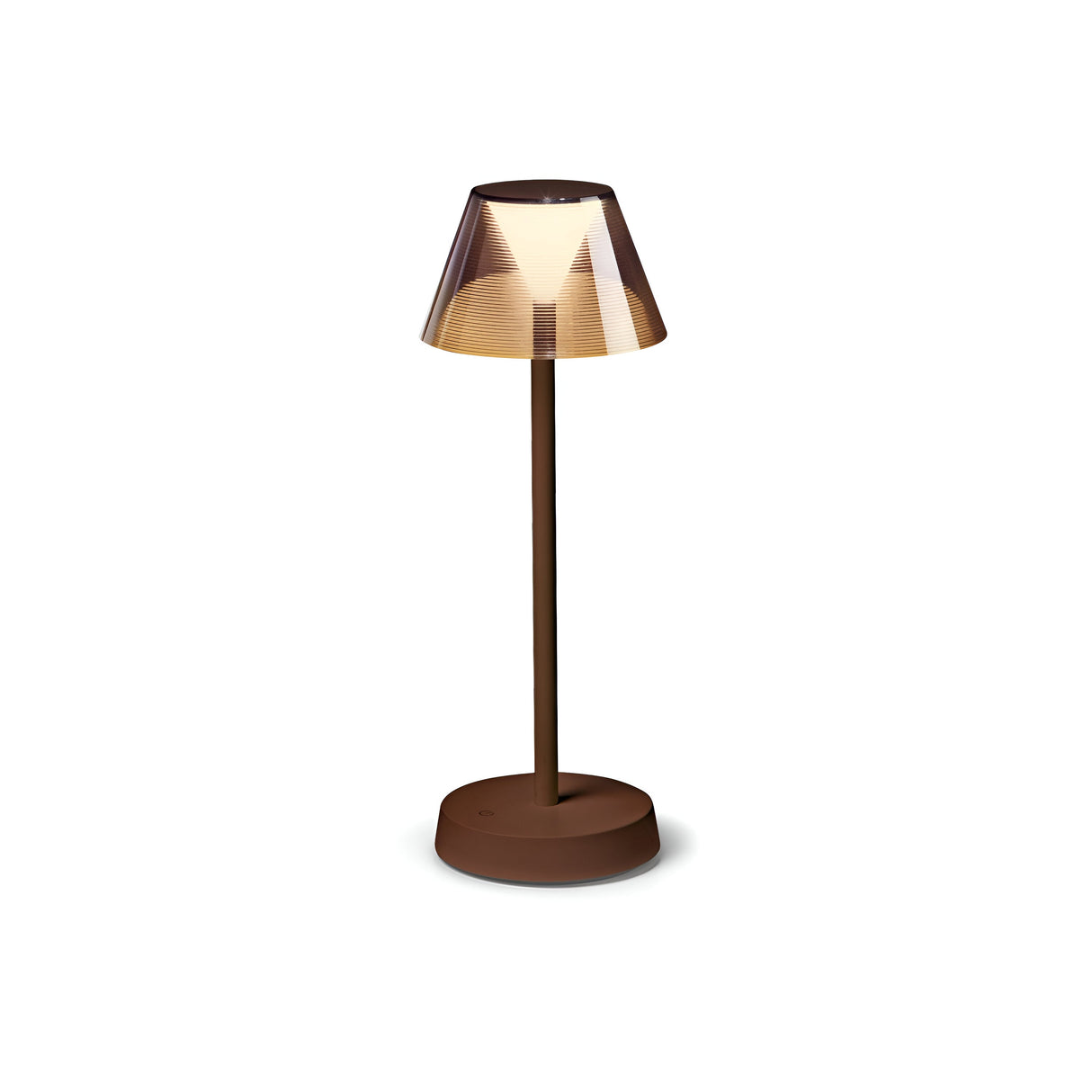 The Solitus LED Outdoor Table Lamp 2.8W 3000K - Brown combines a contemporary design with a brown base and stem, topped by a transparent, subtly tinted conical shade. Its IP54 rating guarantees weather resistance, and the rechargeable battery delivers a soft, warm glow to beautifully illuminate any area.