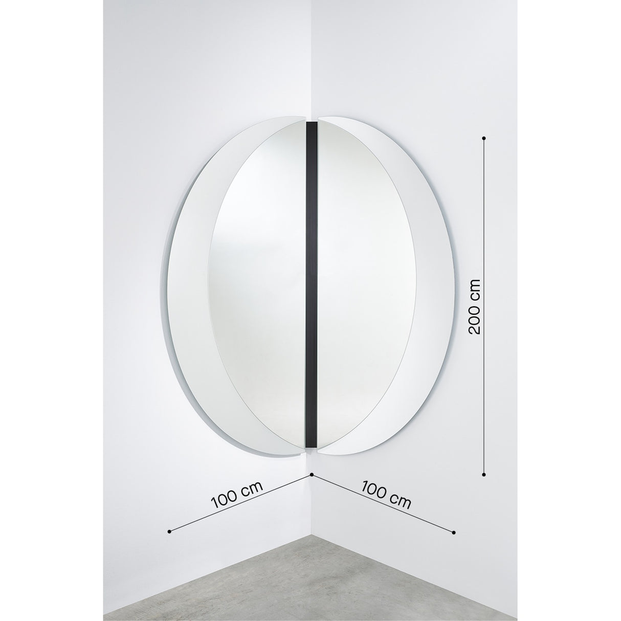 Luna Black Two Piece Corner Wall Mirror, 200cm round design split into two frameless glass halves mounted at right angles with a black lacquered strip at the join, shown in a white corner space.