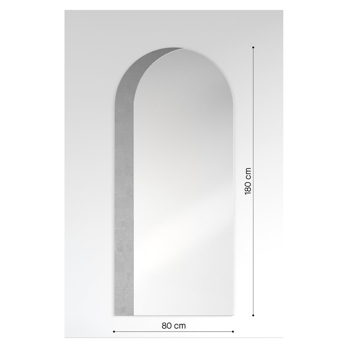 Orient Silver Leaf Arch Full Length Mirror, 80cm by 180cm, frameless with straight sides curving into an arched top, shown against a plain light grey background with dimension markers.