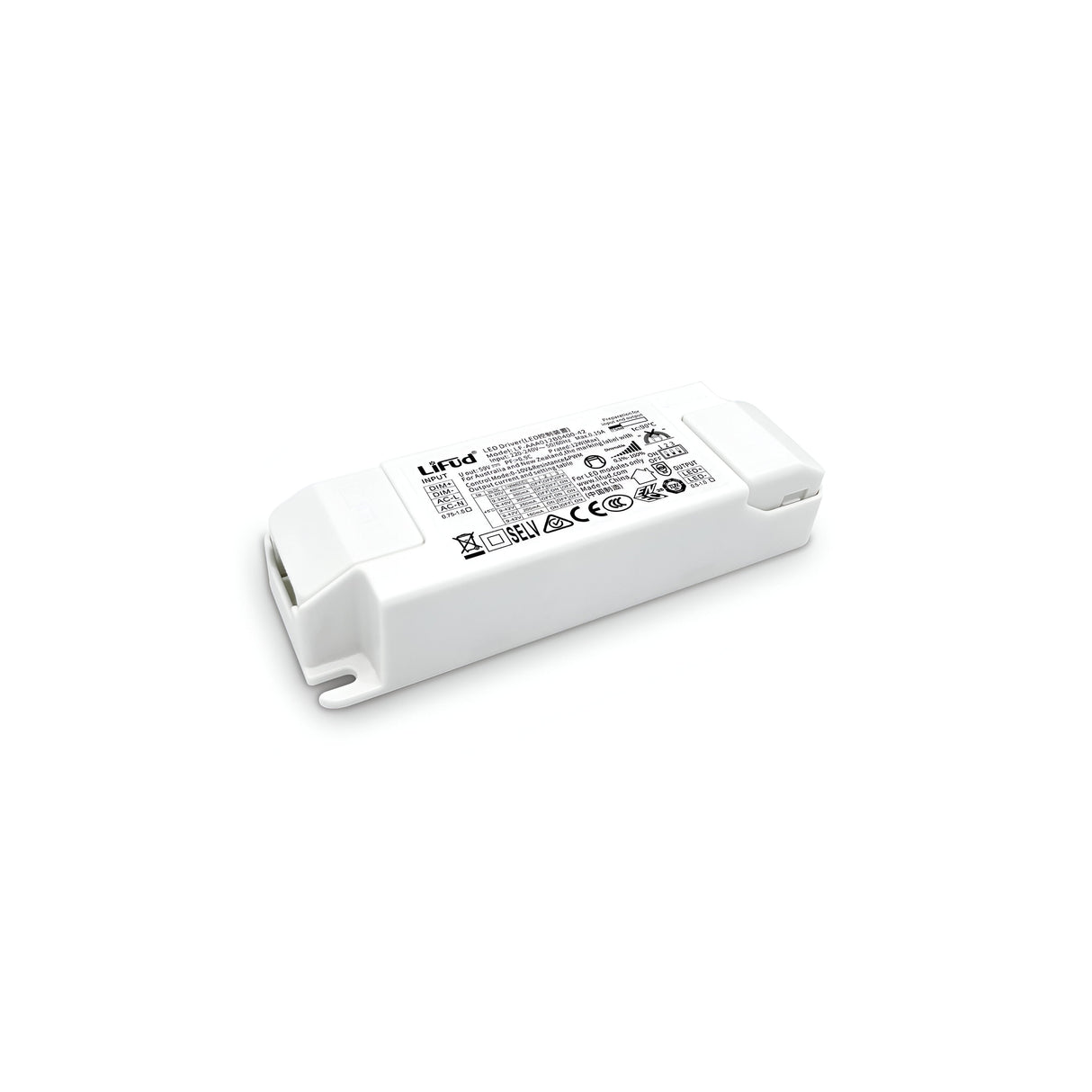 A Voltis Constant Current Dimmable LED Driver - 9W, 1-10V, 250mA in a rectangular white design features printed specifications and icons on its top surface, including UL certification and recycling logos. It acts as a power adapter offering constant current with connectors positioned on both sides.