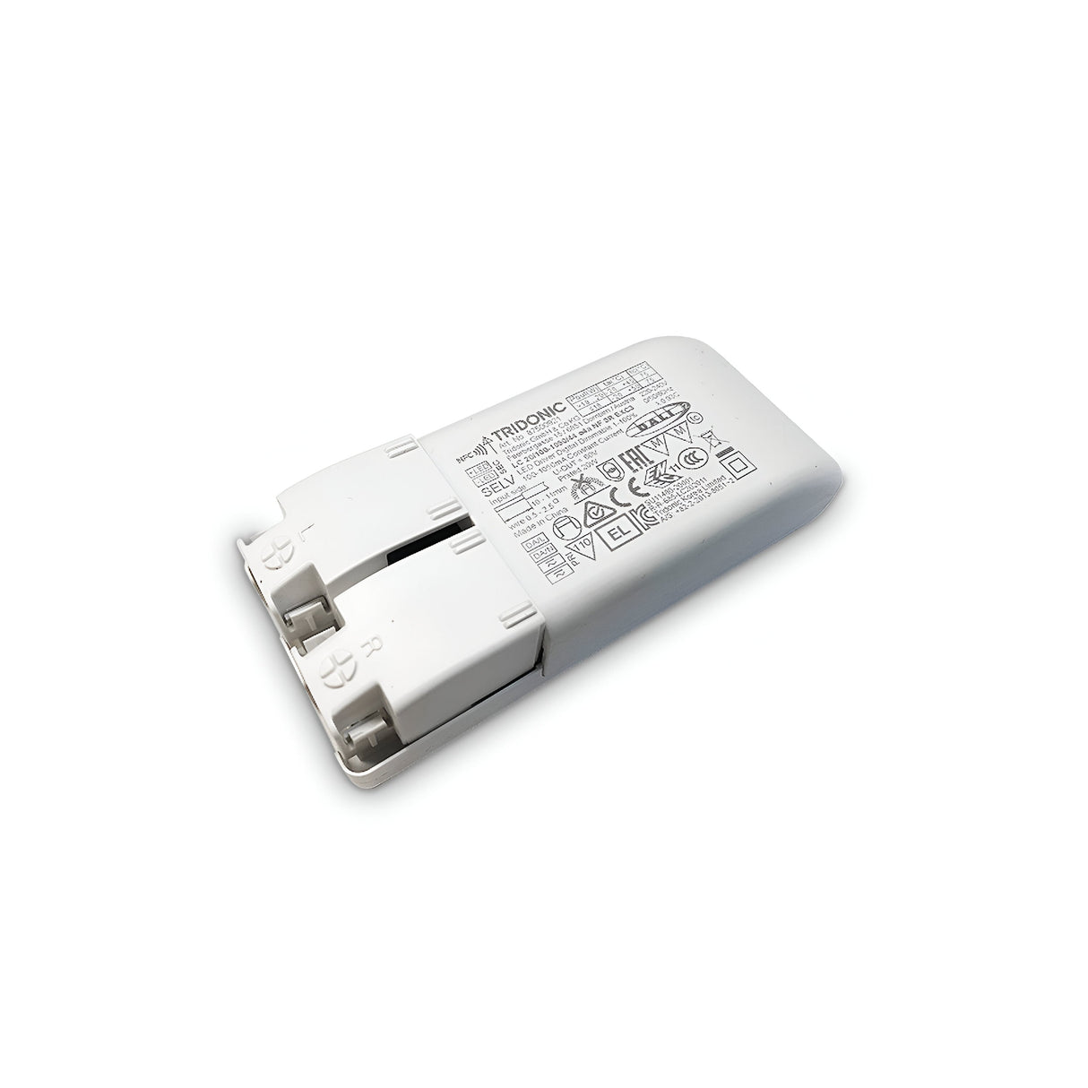 The Voltis Constant Current Dimmable LED Driver - 9W, 250mA is a white Tridonic LED driver with printed specifications and symbols on its surface. This dimmable device, specially designed for electrical installations, provides constant current output and features two input ports on one end.