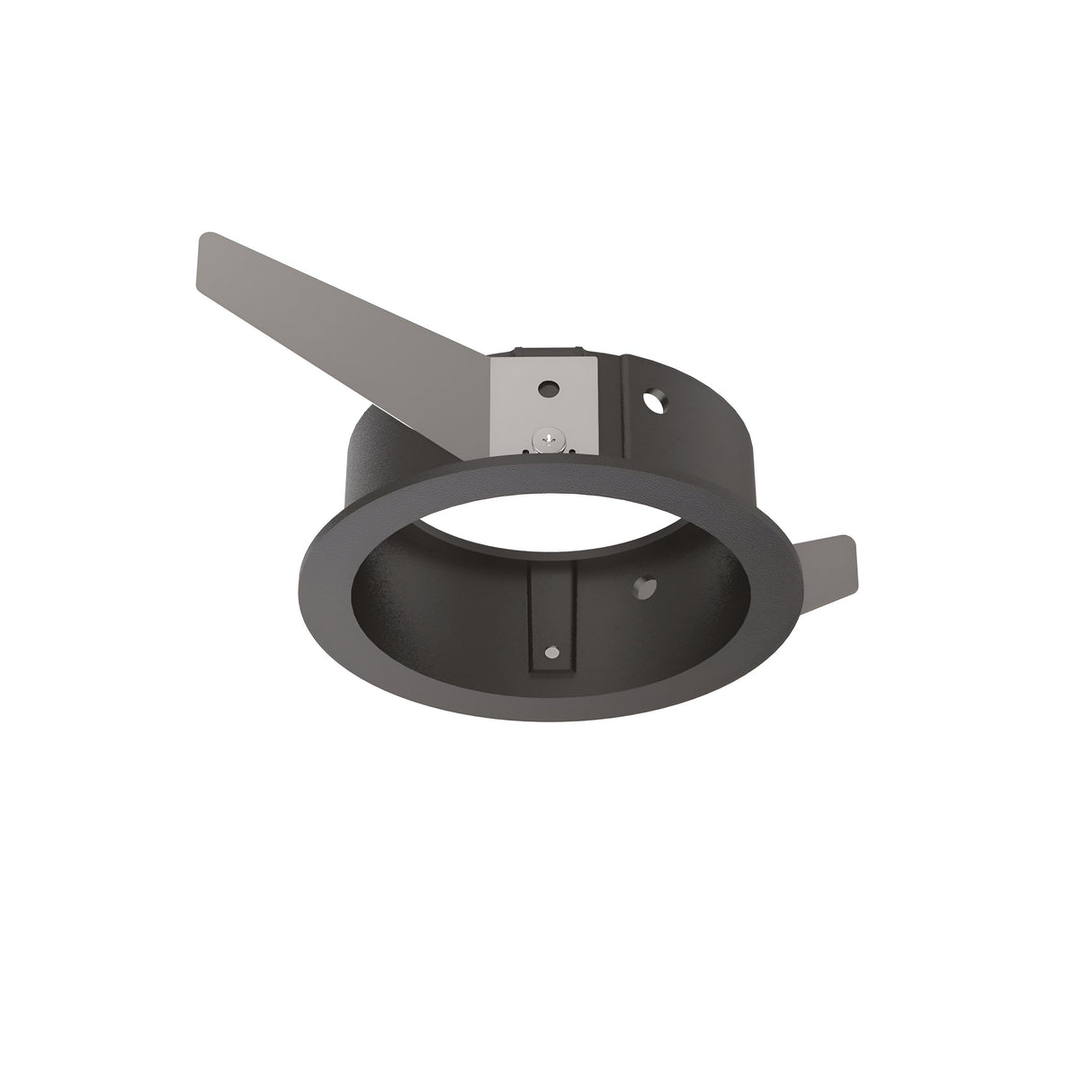 The Voltis Round Frame 107mm - Black is a metal bracket with a circular design and two flat extensions for mounting or support. It is ideal for modular or recessed lighting arrangements and stands out elegantly against a plain white background.