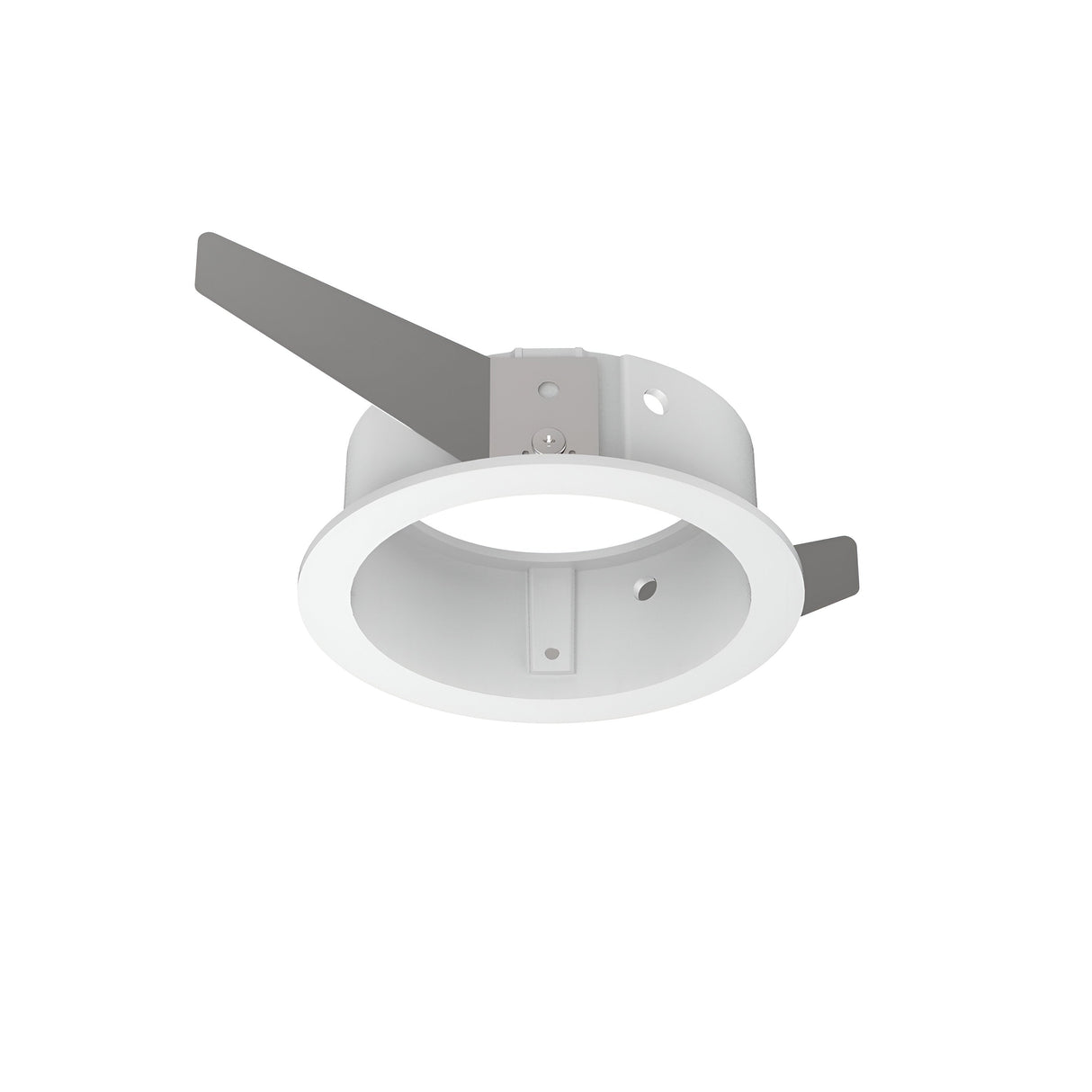 The Voltis Round Frame 107mm - White is a circular speaker mount designed for contemporary interiors. It features two gray adjustable brackets extending from its sides, perfect for ceiling installation alongside Voltis modular recessed lighting. The mount includes several holes to ensure secure attachment, while providing an adjustable light source.