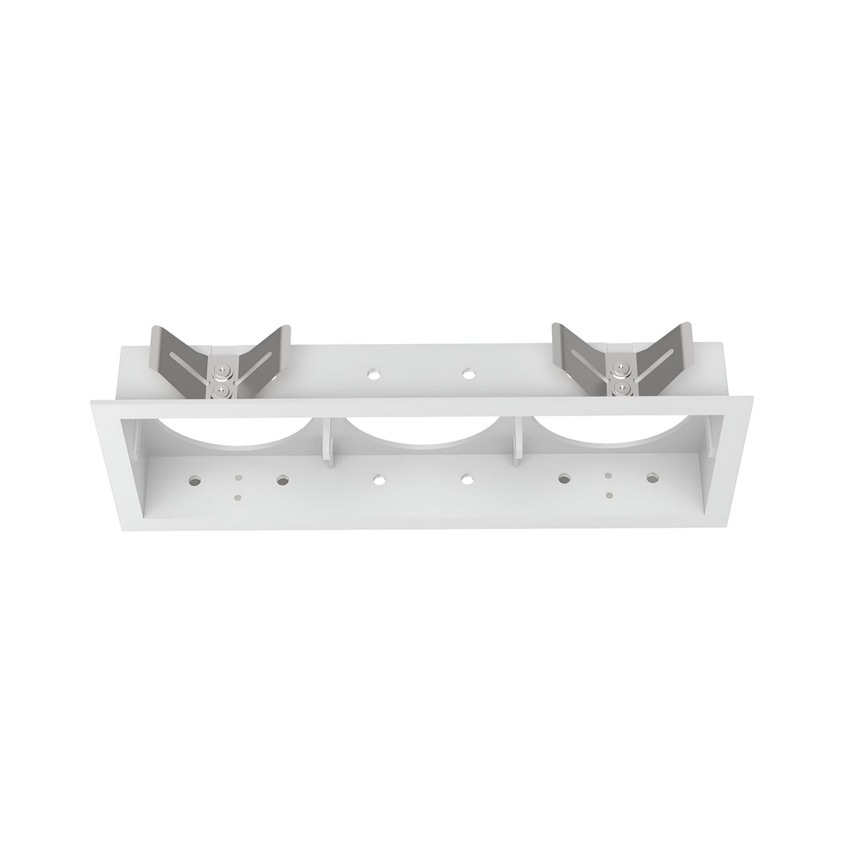 This Voltis Square Triple Frame 206mm - White is a white rectangular mounting bracket featuring two adjustable hinges and multiple holes, ideal for installing modular recessed lighting. From a front view, it provides structural support while ensuring extensive light coverage.