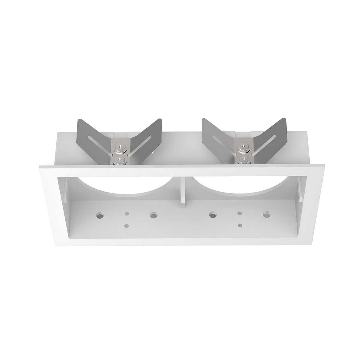 The Voltis Square Twin Frame 143mm - White is a modular system that includes a rectangular, recessed light fixture in white with two circular openings and adjustable metal brackets, designed for seamless ceiling installation.