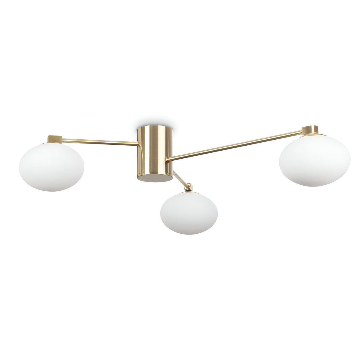The Enigma 3 Light Semi Flush in brass features a minimalist, symmetrical design with three spherical white glass diffusers.