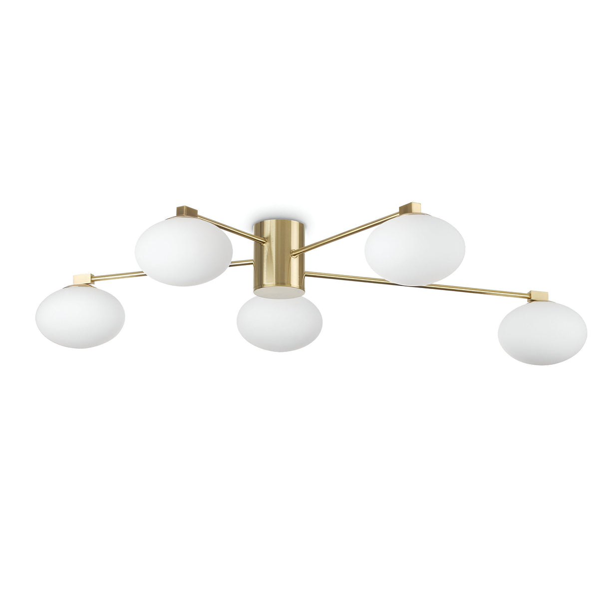 The Enigma 5 Light Semi Flush - Brass, 90cm showcases a contemporary brass light fixture with five white globe-shaped bulbs elegantly arranged on golden arms in a star-like design extending from a central hub. This lighting piece enhances any space with its elegant touch and offers dimmable options to create the perfect ambiance.