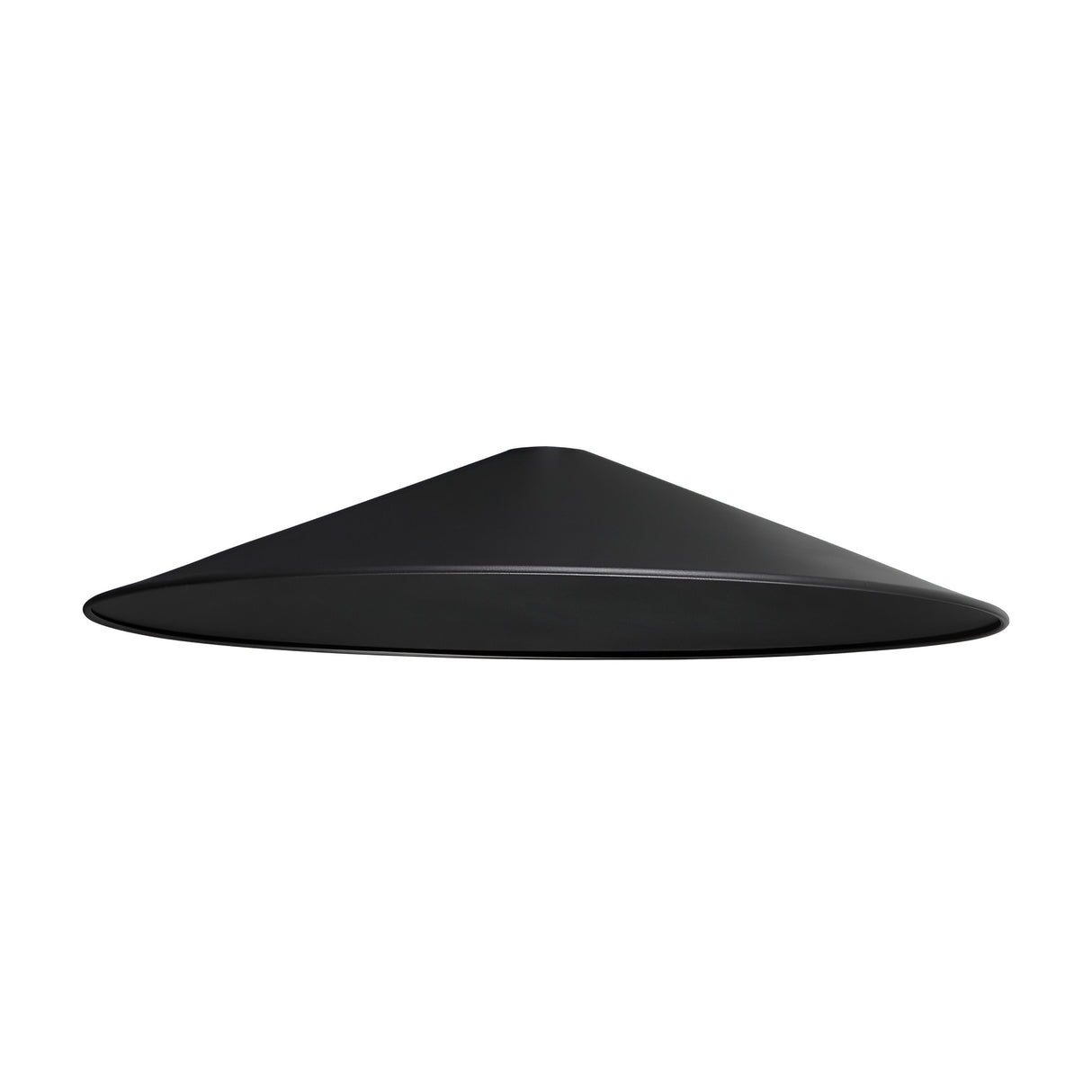 The Arion-2 Large Ceiling Lampshade/Rose in black features a minimalist cone shape set against a white backdrop, showcasing its sleek, smooth design reminiscent of a metallic dome. This piece perfectly highlights modern industrial decor and contemporary aesthetics.