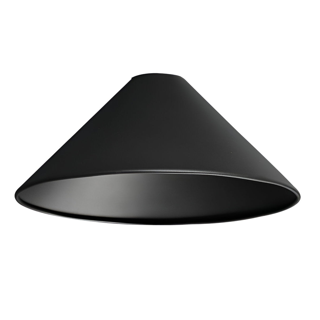 The Arion Small Ceiling Lampshade/Rose in black is showcased on a white backdrop, featuring a sleek and smooth conical design. Constructed from durable metal, it widens at the base and narrows to the top, highlighting modern simplicity with its elegant aesthetic.