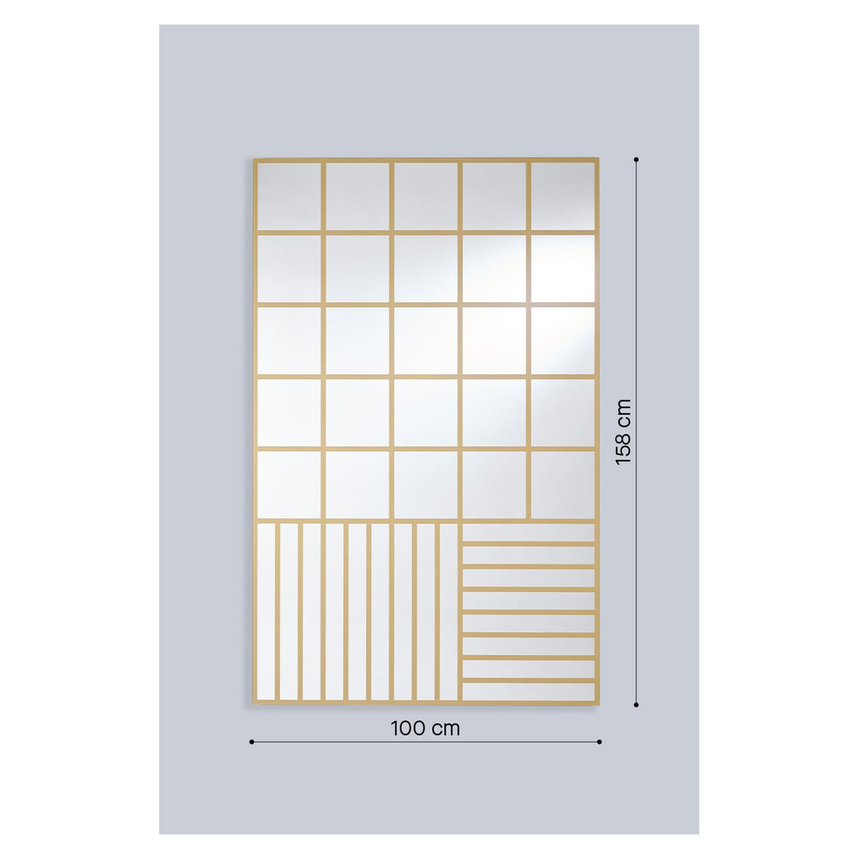 Grid Gold Window Print Full Length Mirror, 100cm x 158cm rectangular glass with gold grid print, wide squares above and fine stripes below, shown on a light grey background.