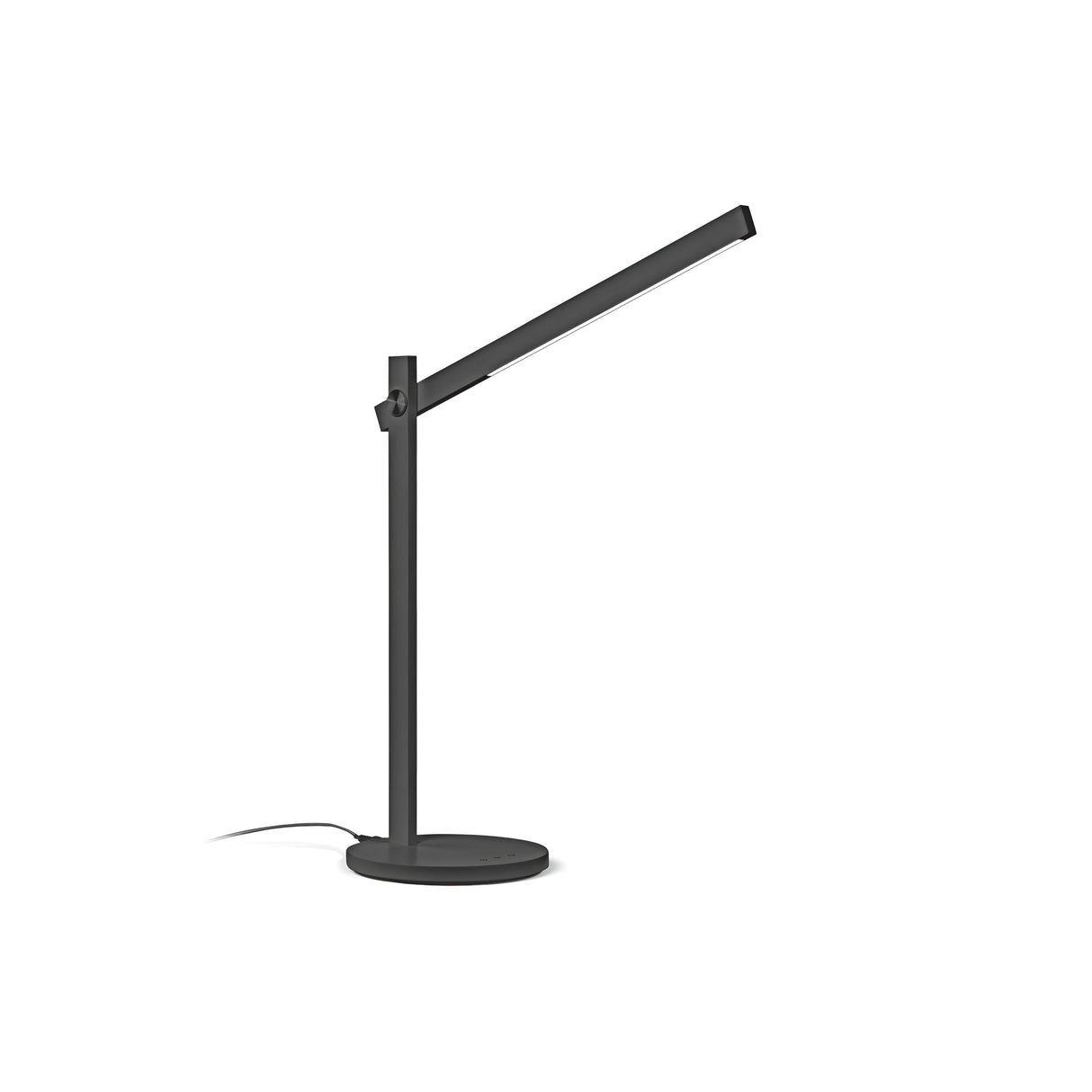 Introducing the Arcanta LED Table Lamp in black—a sleek and modern lighting fixture with a rectangular adjustable arm and circular base. It features an adjustable diffuser to ensure optimal lighting, while the power cord extends from the back of the base. This stylish lamp is artfully positioned on a white background.