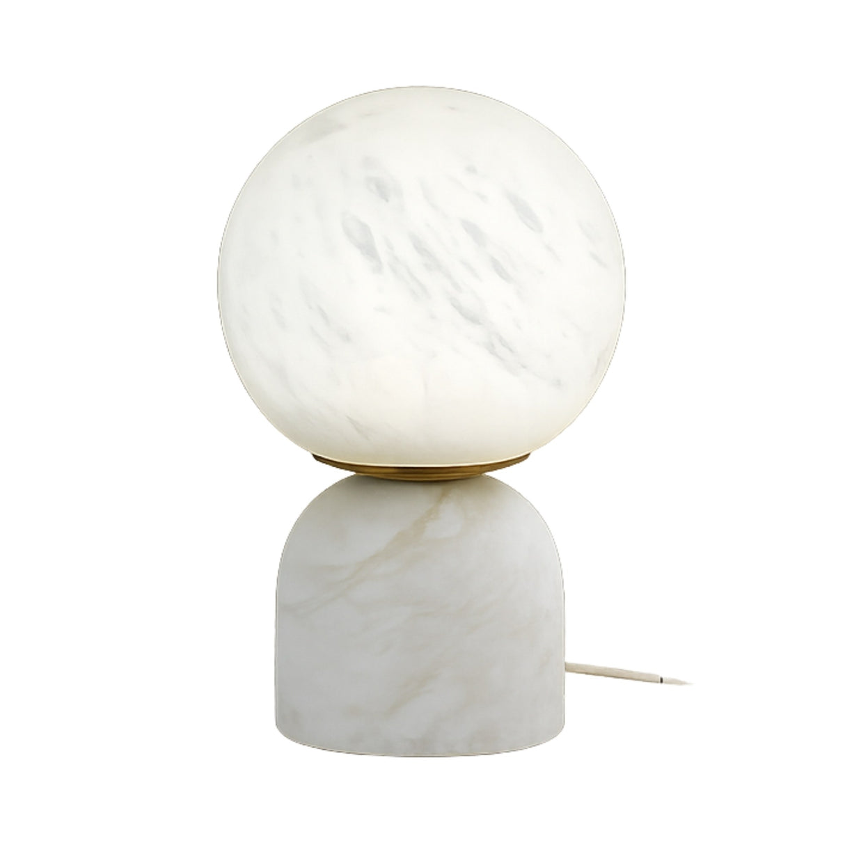 The Solvyn LED Large Globe Alabaster Table Lamp - Soft White features a round, frosted glass globe set on a cylindrical white marble base and includes a power cord.
