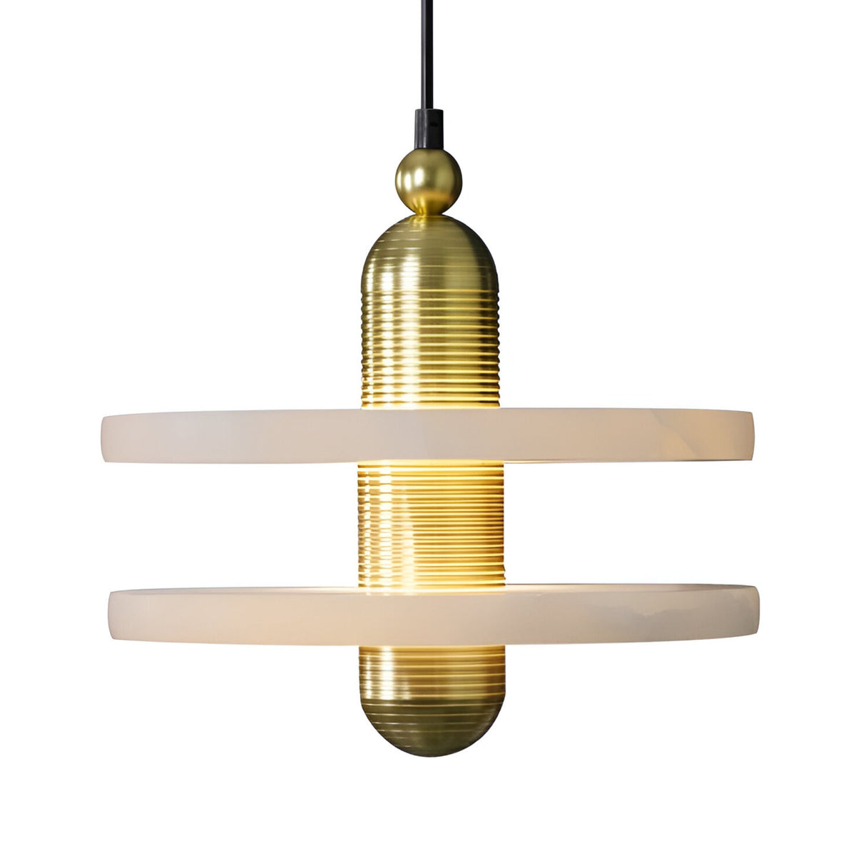 The Nyxara LED Large Double Tiered Alabaster Single Pendant Light in soft white and gold features two flat rings and a gold center, offering a sculptural look and warm glow for modern spaces.