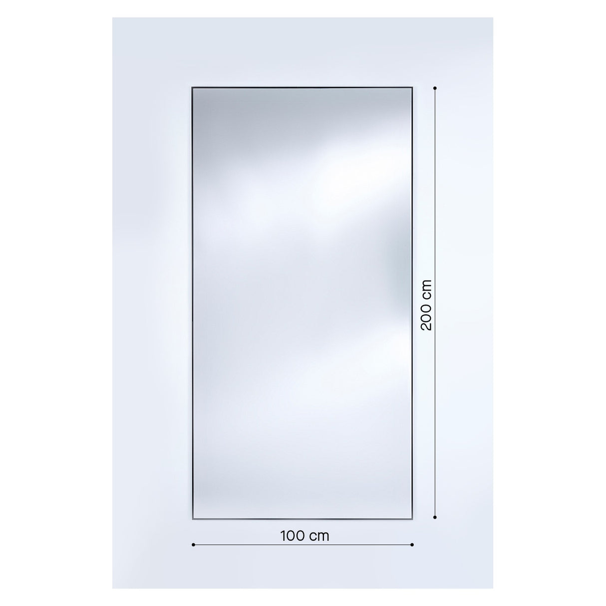 Lucka Outdoor XXL full-length garden mirror, rectangular with a black metal frame, shown with dimensions 100cm wide by 200cm tall on a plain light background.