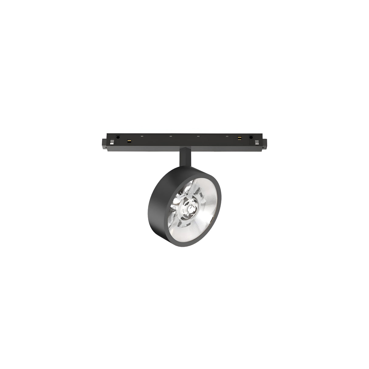 Introducing the Luxeon LED Magnetic Track Spotlight 9W 3000K in Black: a sleek, modern circular spotlight that mounts effortlessly on a magnetic track fixture. It features a visible bulb and reflective interior, designed in a minimalistic style, perfect for accent lighting across various settings with its warm 3000K light.