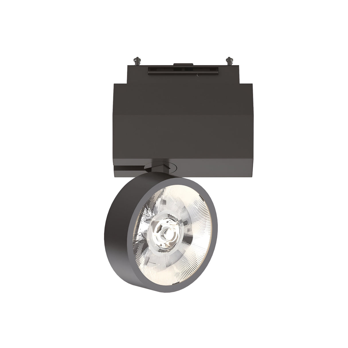 The Prismatic LED Track Spotlight 9W 3000K - Black is a modern ceiling-mounted lighting fixture with a square shape. It features a circular, reflective lamp and a visible bulb for directional lighting, offering a sleek design with its 9W 3000K glow.