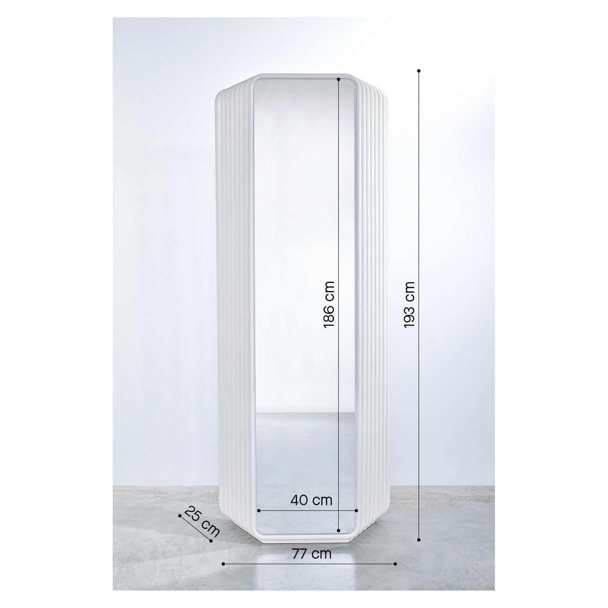 Echo White Double Sided Free Standing Mirror, 193cm tall cheval mirror with ribbed white powder-coated metal frame, shown with dimensions labelled on a plain background.